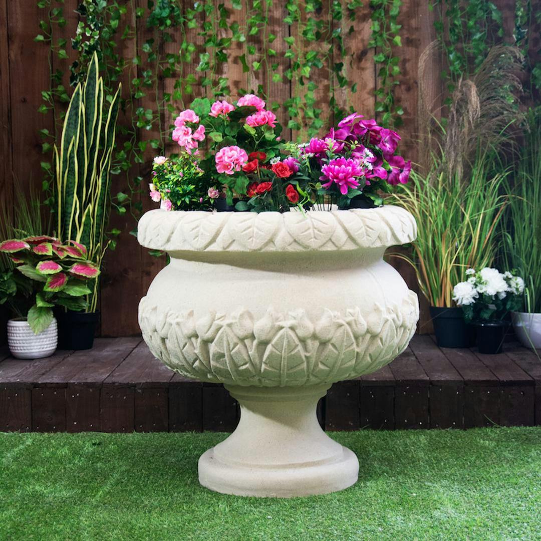 Rackhams Round Sandstone Urn Vase With Leaf Design