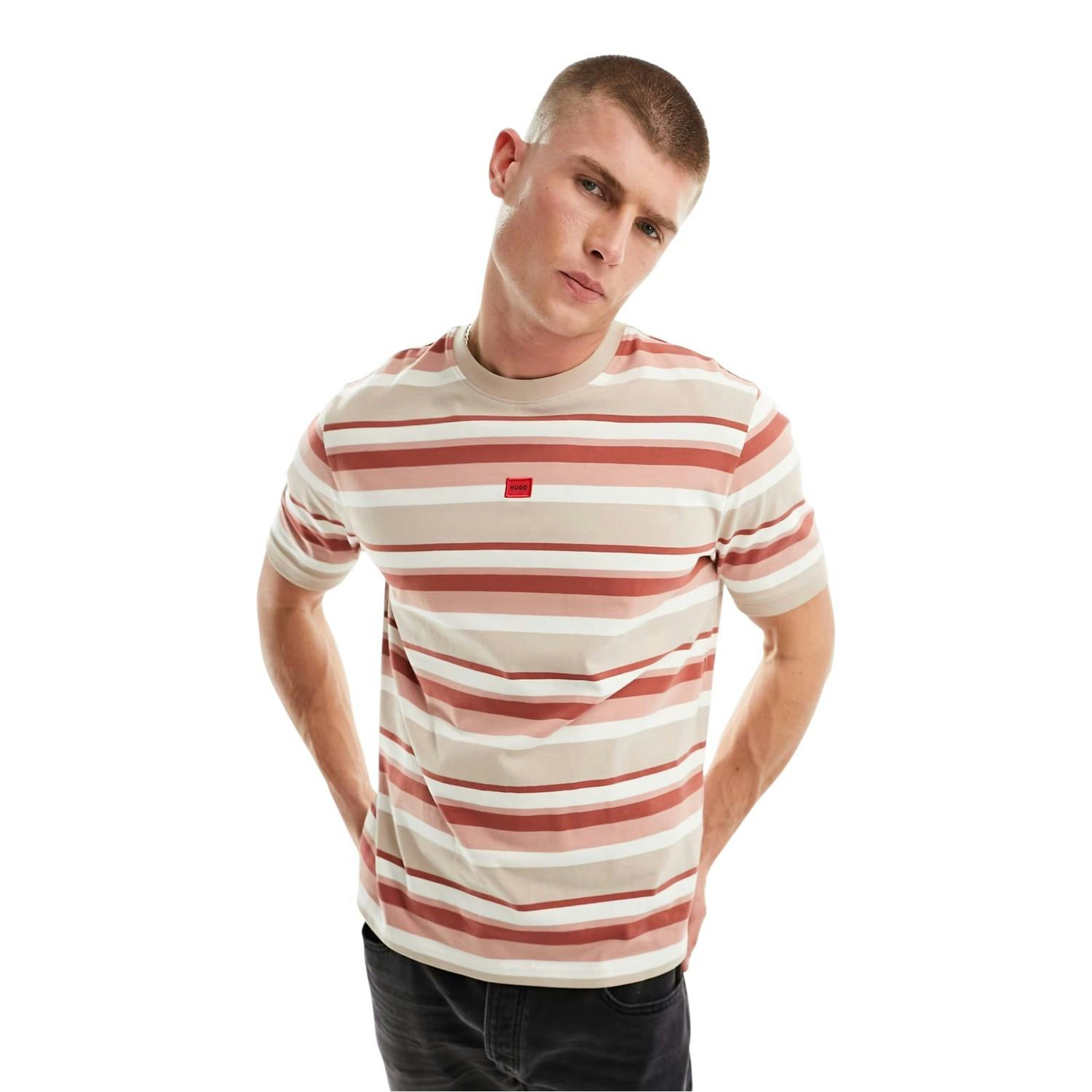 Hugo Men's Pink/White Diragolino Striped Logo Oversized T-Shirt - M - 100% Cotton