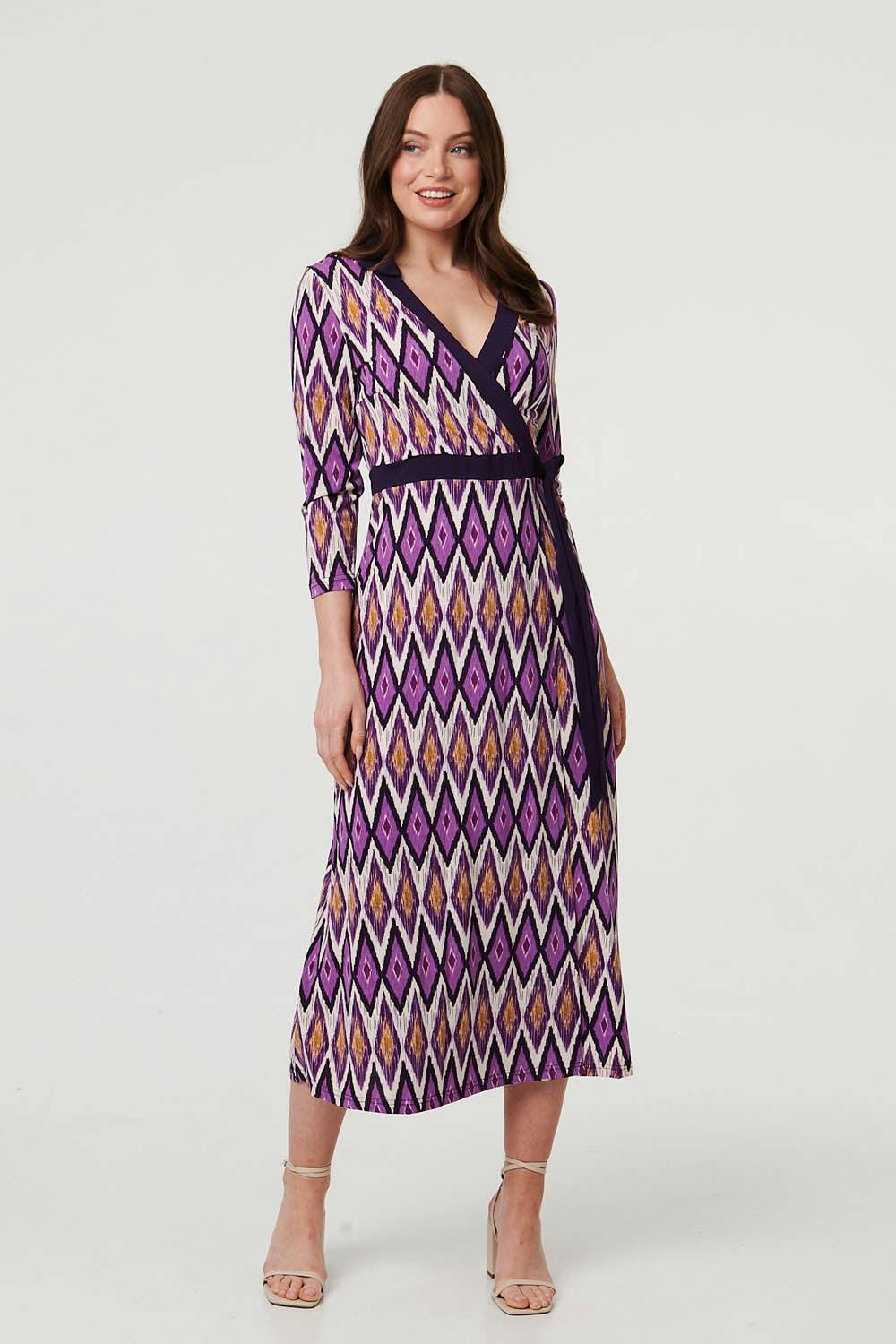 Izabel London Purple Geo Print 3/4 Sleeve Wrap Midi Dress - 8