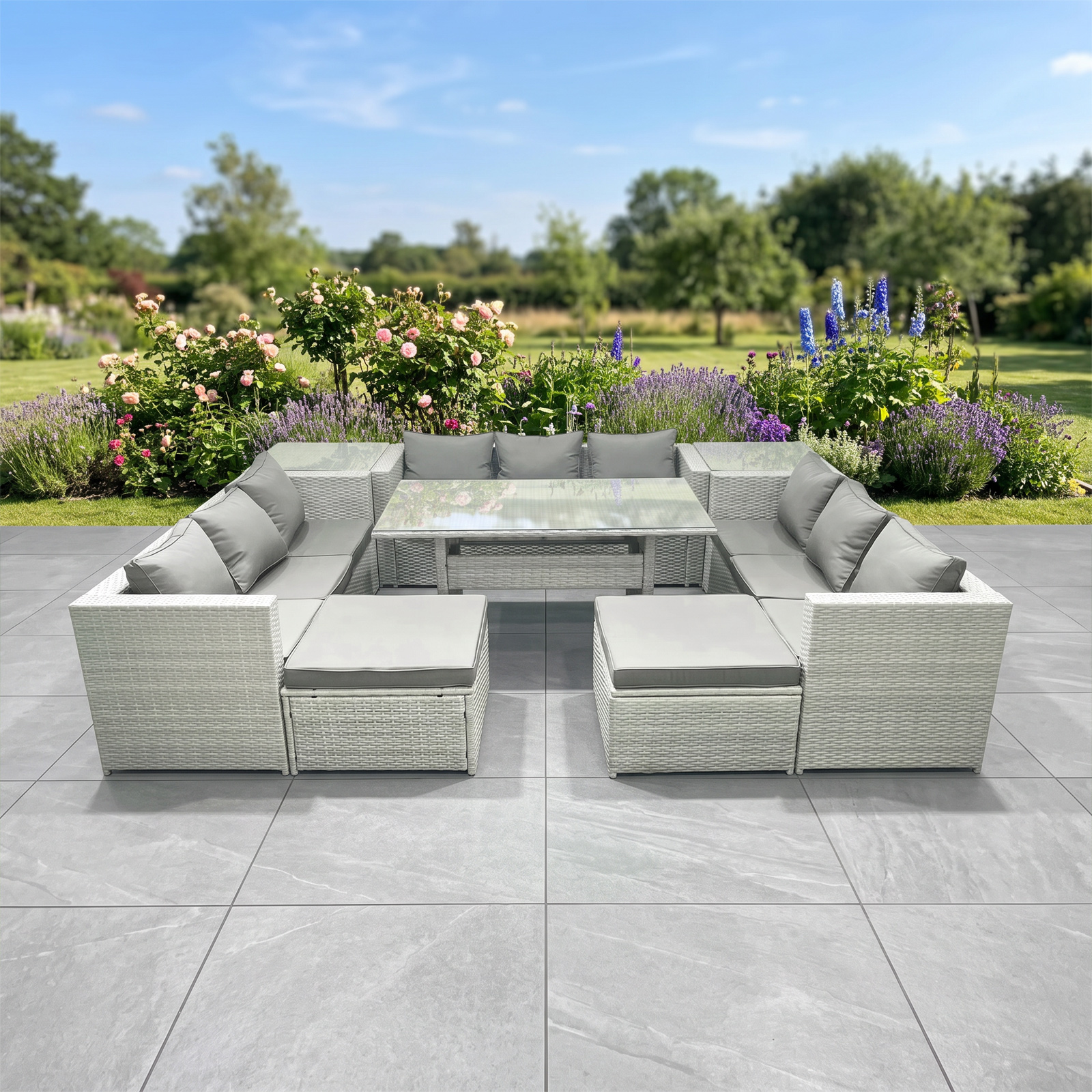 Fimous Light/Grey Rattan Garden Outdoor Furniture Set 11 Seater Garden Sofa Rectangulr Dining Table Set With 2 Big Footstools 2 Side Tables Mixed