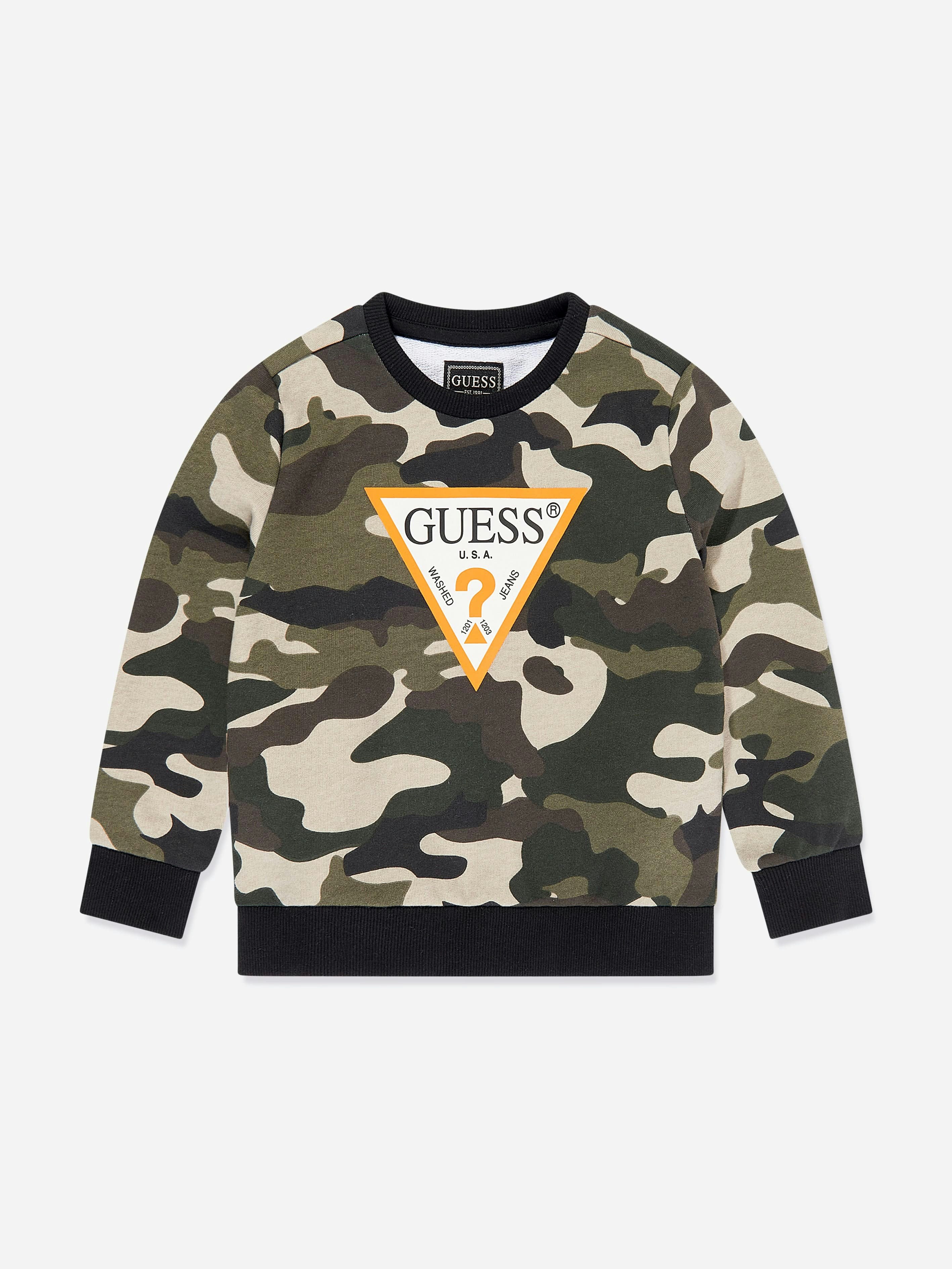 Guess Boys Green Camouflage Logo Sweatshirt In - 16 Yrs