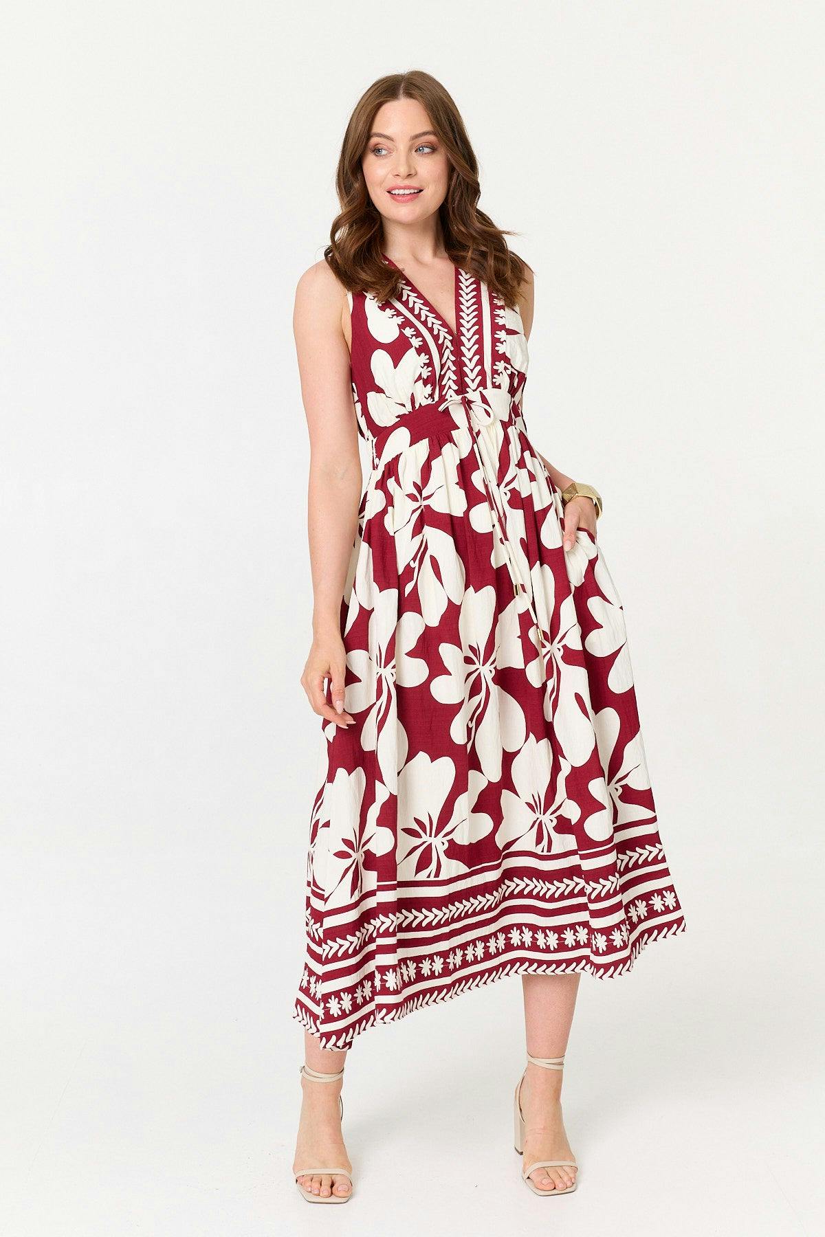 Izabel London Red Floral Sleeveless A-Line Maxi Dress - 14