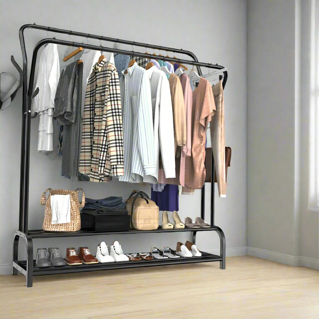 Modcraft Heavy Duty Metal Double Rail Clothes Rack – Freestanding Garment Stand With Shelf