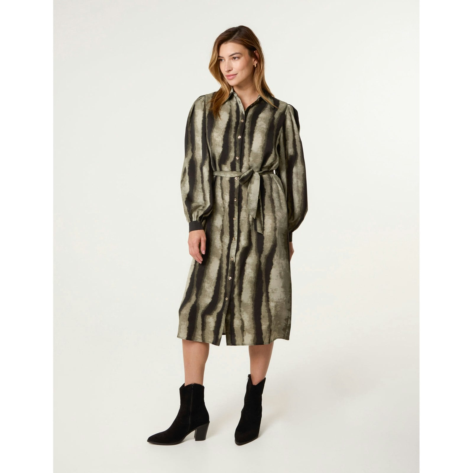 Blue Vanilla Printed Puff Sleeve Button Through Midi Dress - Uk 8 - Khaki