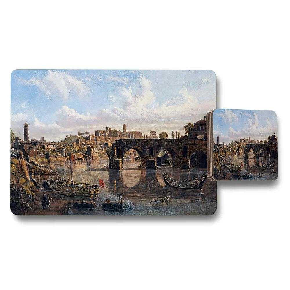 Rackhams Placemat Coaster Set Featuring Historic City River Bridge Artwork