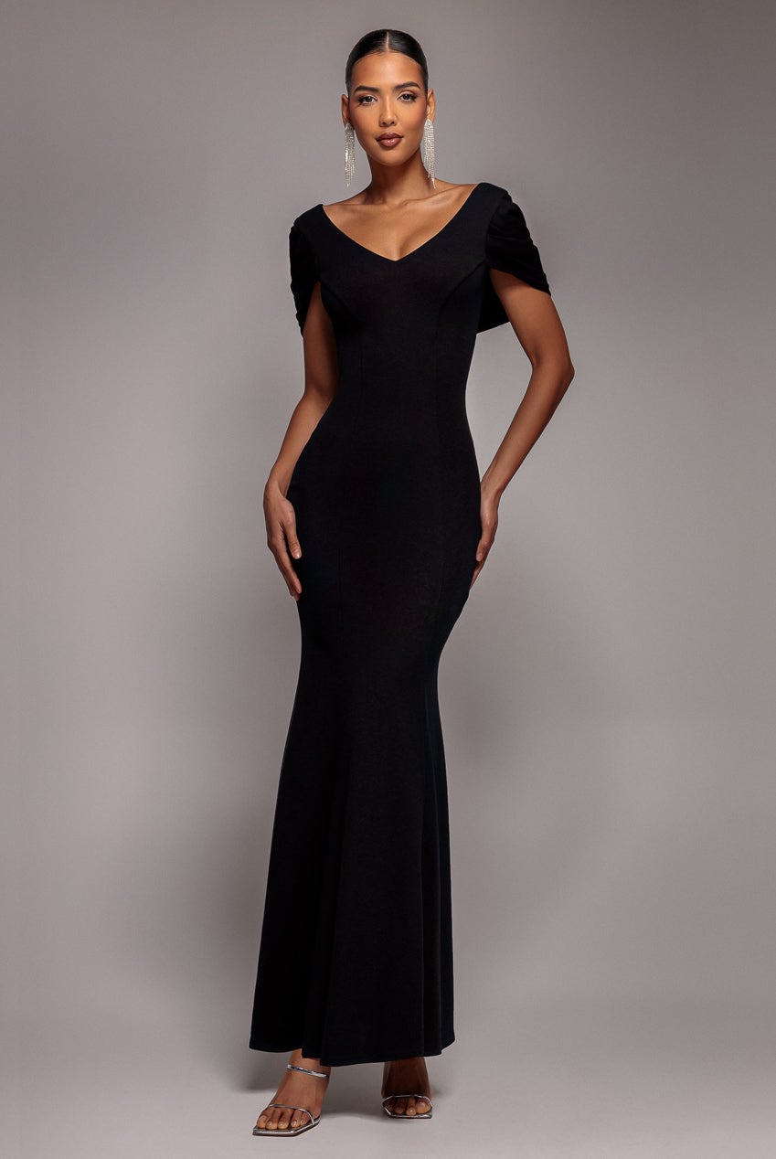 Goddiva Women's Black V Neck Cowl Back Pleated Sleeve Scuba Maxi Dress - By - 16