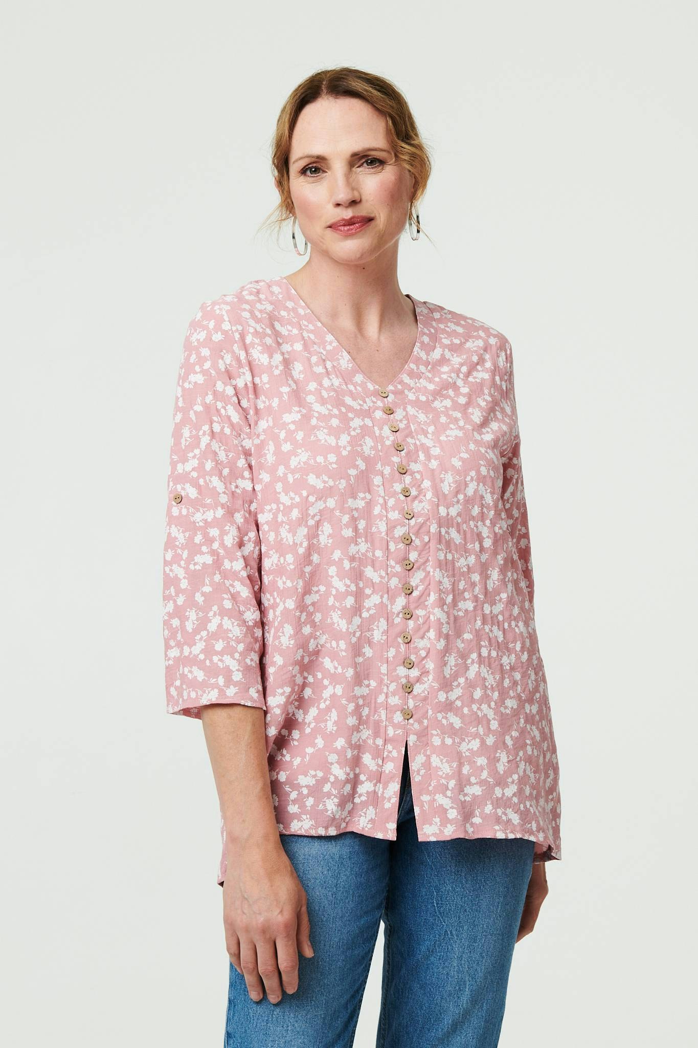 Izabel London Pink Ditsy Floral 3/4 Sleeve Curve Hem Top - 14