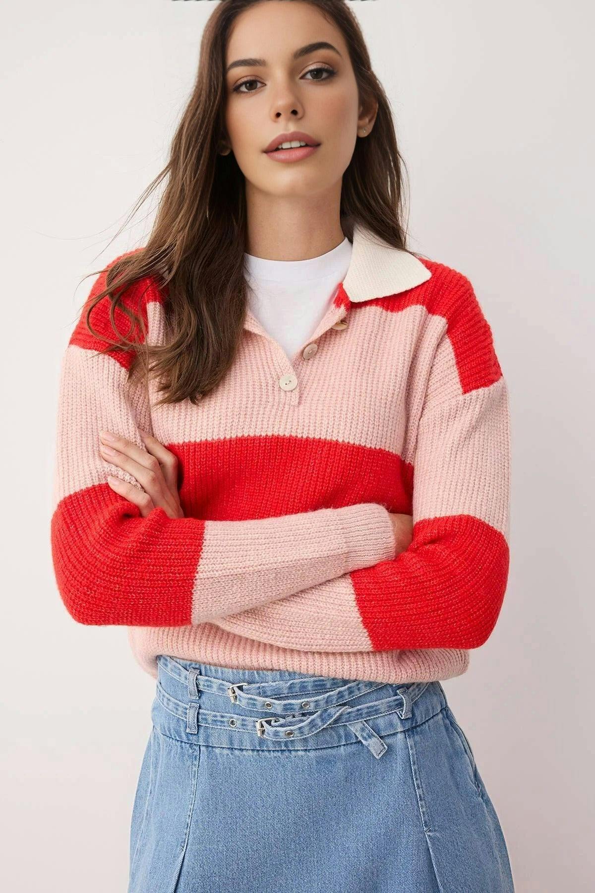Wovcor Red Soft-Textu Polo Neck Knit Sweater - M