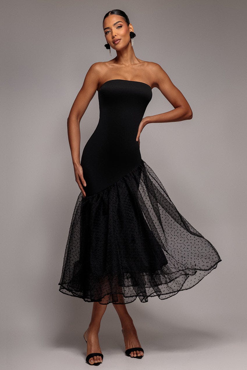 Goddiva Women's Black Strapless Asymmetric Tiered Midaxi Dress - By - 16