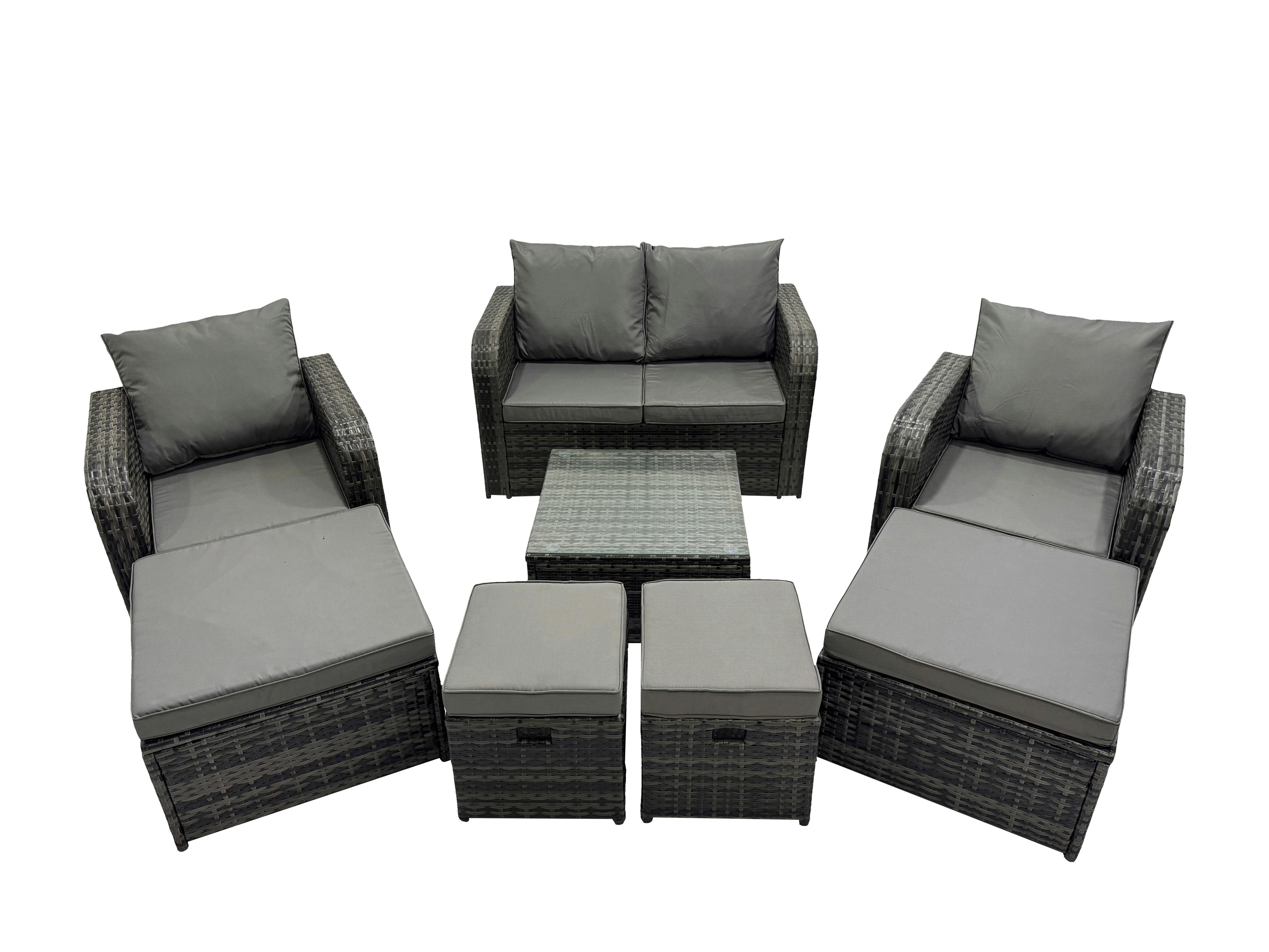 Fimous Dark/Grey Rattan Garden Outdoor Furniture Set Love Sofa Reclining Chair Square Coffee Table Set With 4 Stools Mixed