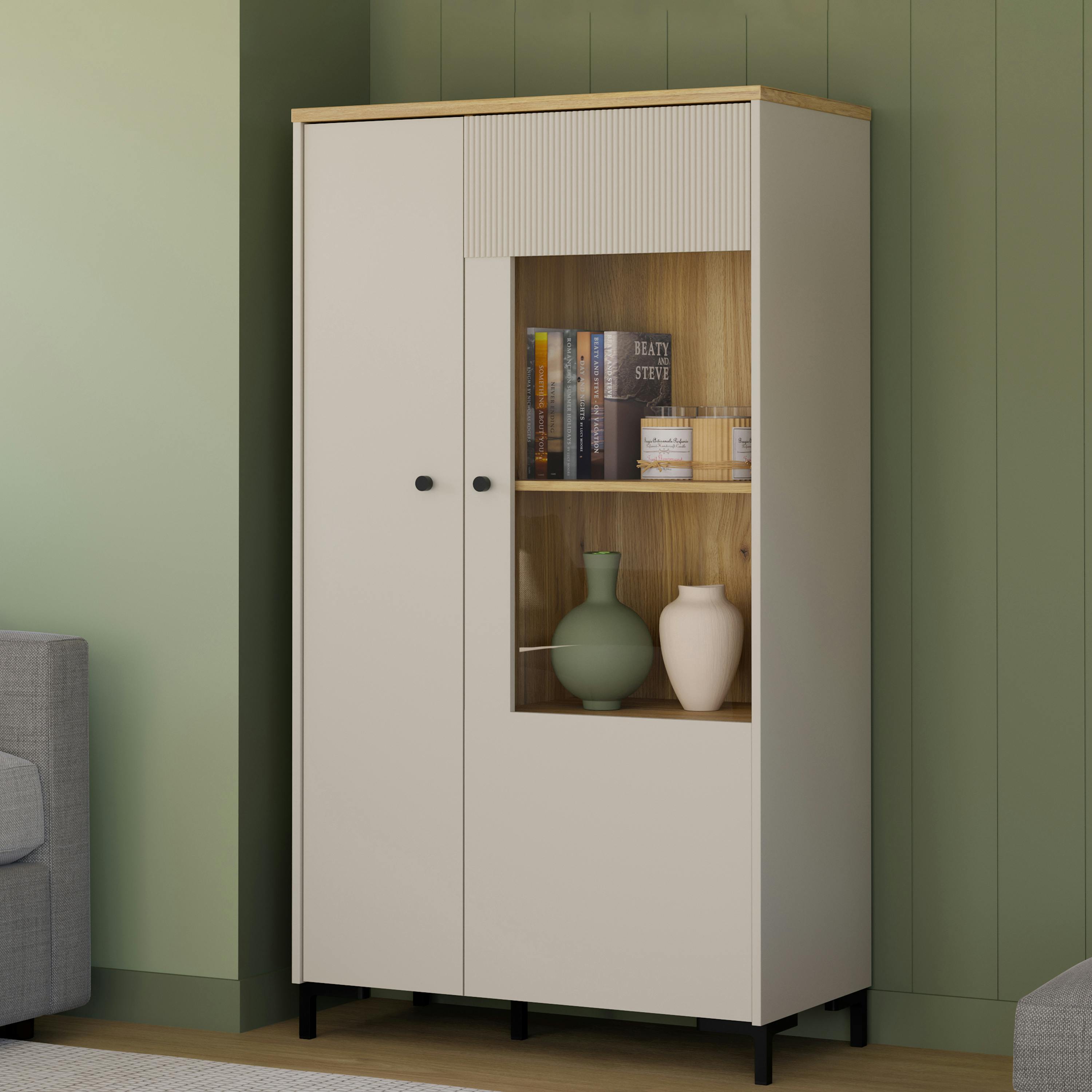 Furniture To Go Black Bixbite Display Cabinet With Fluted Detail, Doors & Open Shelving In Mauvella Oak And Sand - W 83.1 X H 149.4 X D 41.9Cm - 1 - Manufactured Wood