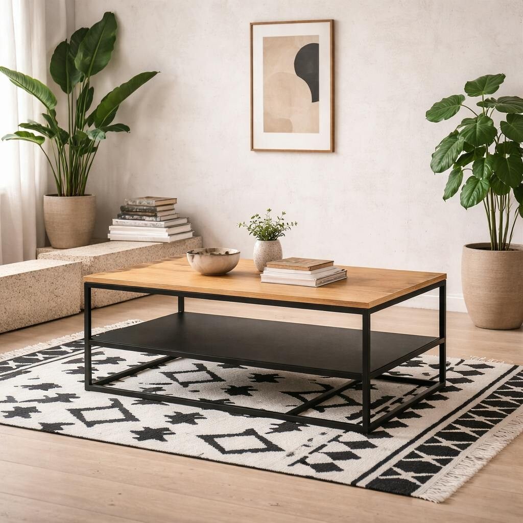 Rackhams Black Haslev Natural Oak Rectangular Coffee Table With Full Bottom Shelf