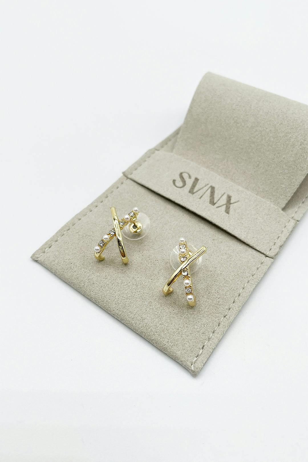 SVNX Women's Pearl & Crystal Cross Earrings in Gold - Image 4