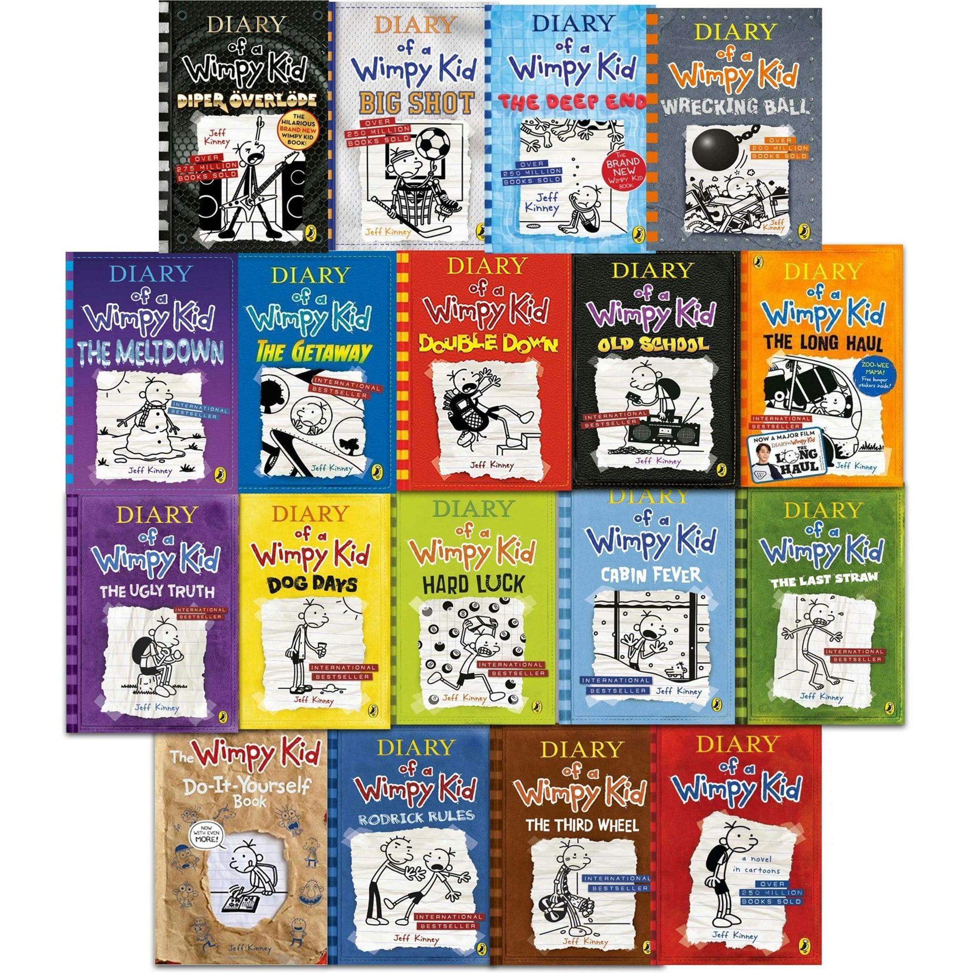 Puffin Diary Of A Wimpy Kid Collection 18 Books Set Diper Oeverloede, Big Shot, The Deep End, Wrecking Ball
