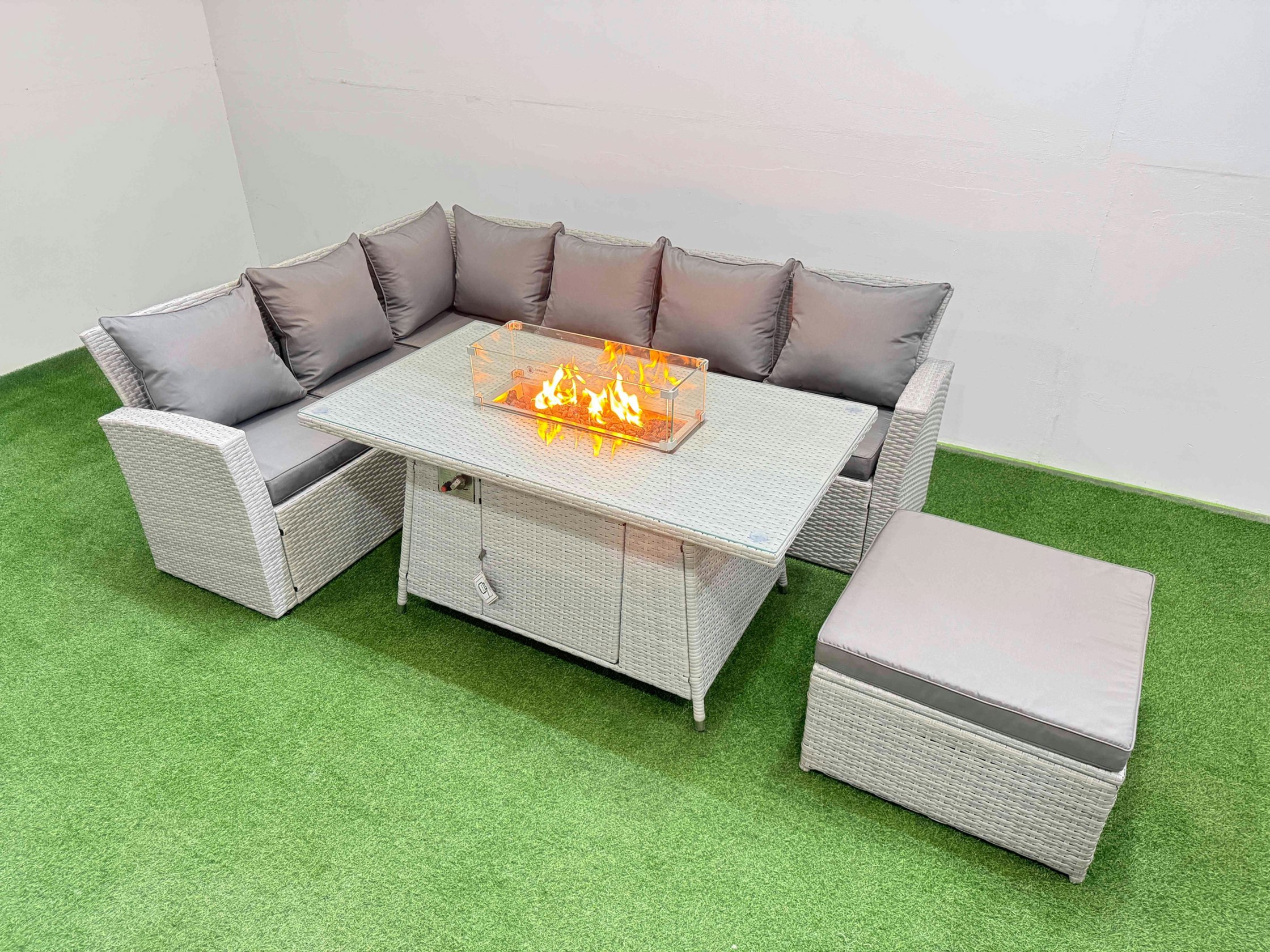 Rackhams Light/Grey 7 Seat Rattan Garden Furniture Corner Sofa Set Outdoor Gas Fire Pit Table Sets With Big Footstool