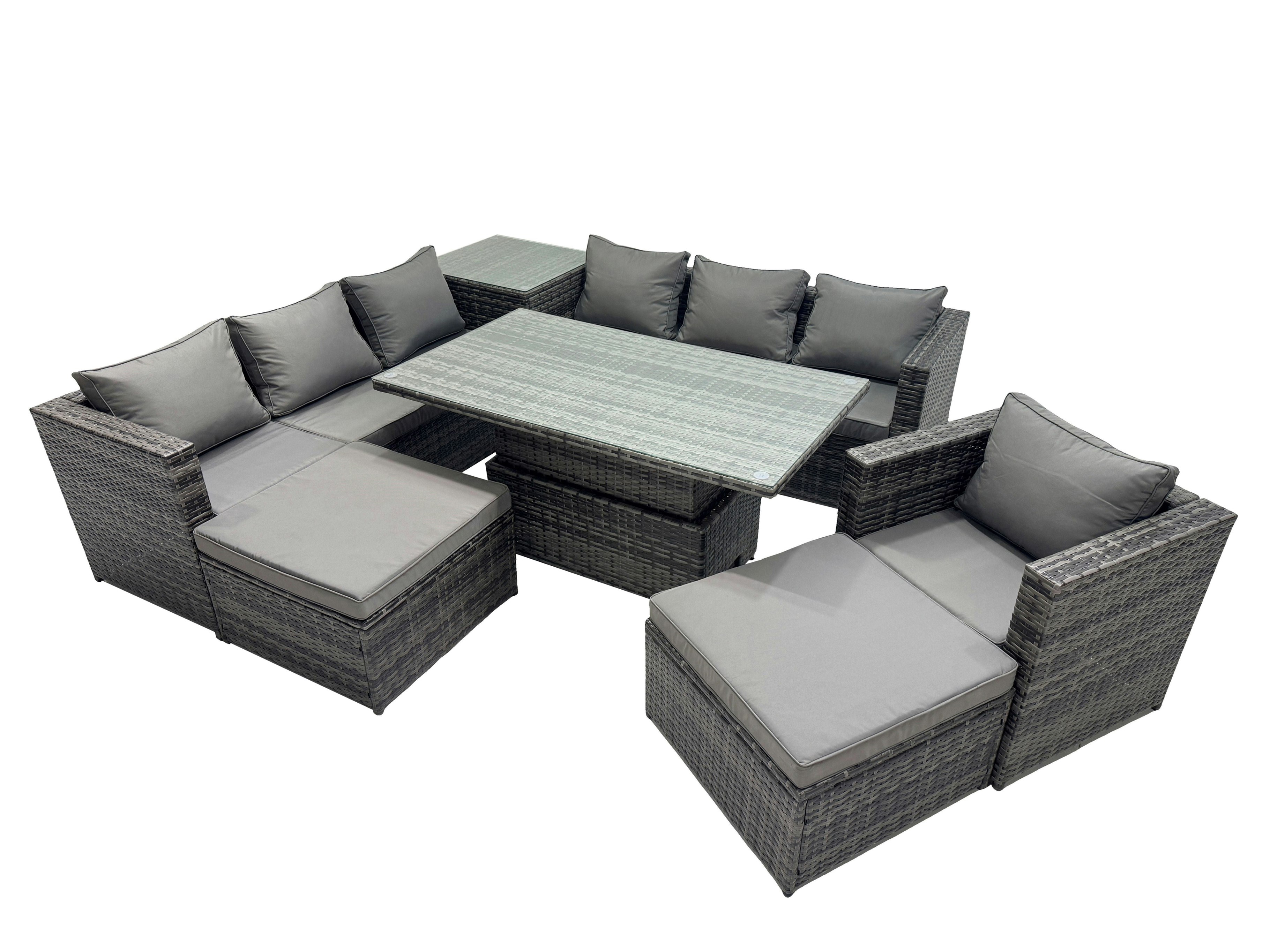 Fimous Dark/Grey 9 Seater Outdoor Corner Sofa Height Adjustable Rising Lifting Table Set Garden Rattan Furniture Set With Side Table 2 Big Stool