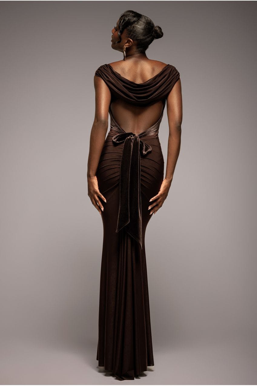 Goddiva Brown Open Back Cowl Neck Gathered Maxi Dress With Velvet Tie Back - By - 6