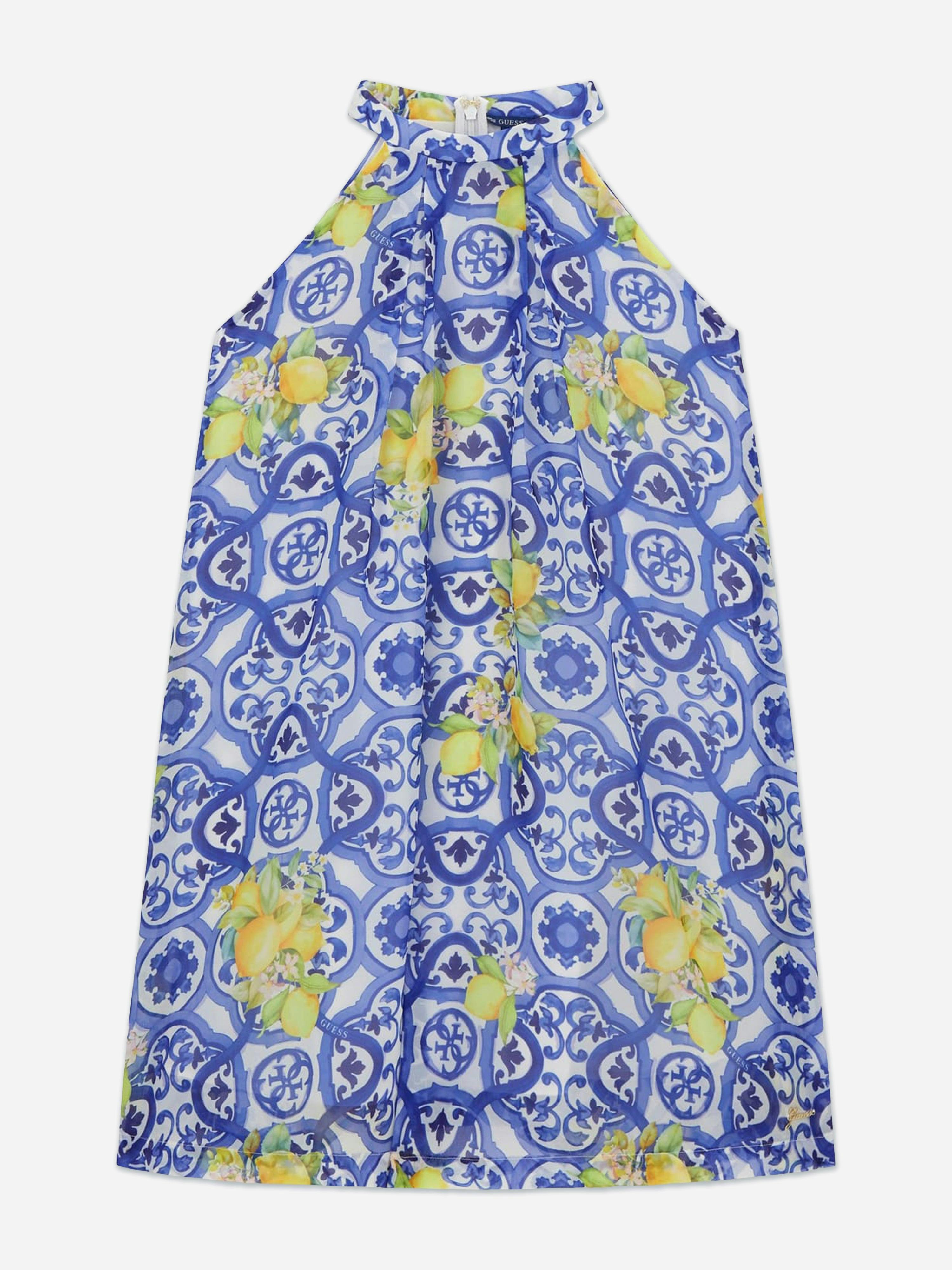 Guess Girls Blue Amalfi Coast Chiffon Dress In - 7 Yrs