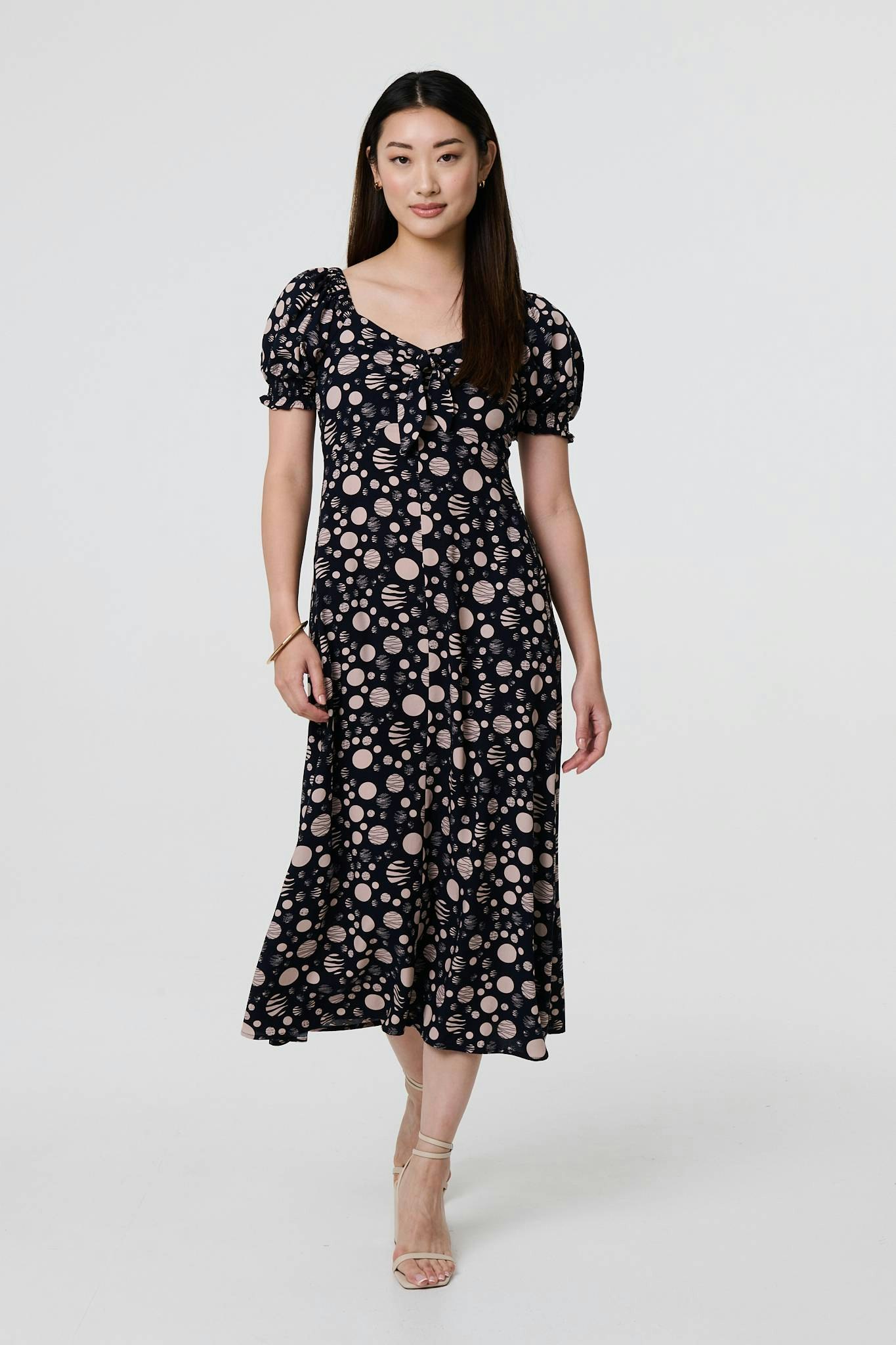 Izabel London Polka Dot Print Tie Neck Midi Dress - Navy - 8