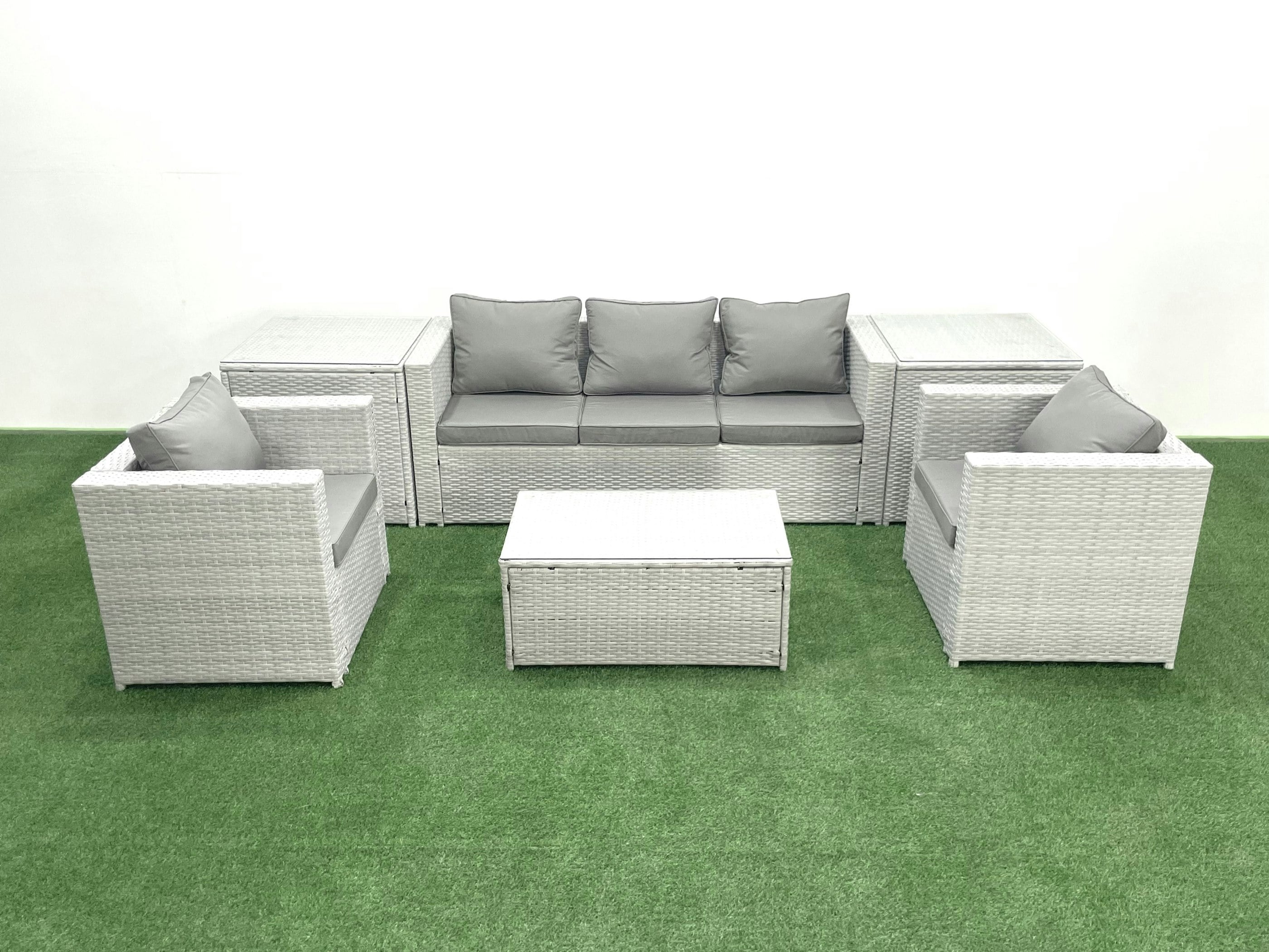Fimous Light/Grey Rattan Garden Furniture Set With 3 Seater Sofa 2 Chair Rectangular Coffee Table 2 Side Tables Mixed 5 Seater