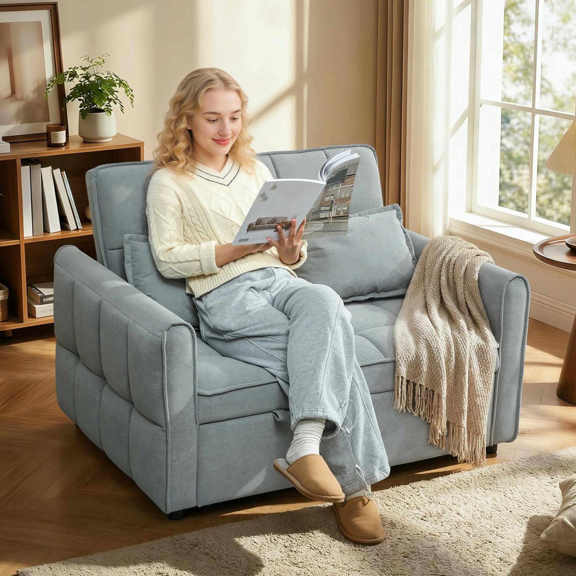 Rackhams Grey 2 Seater Sofa Bed, 3-In-1 Sleeper Sofa With Adjustable Backrest - Sofa Bed