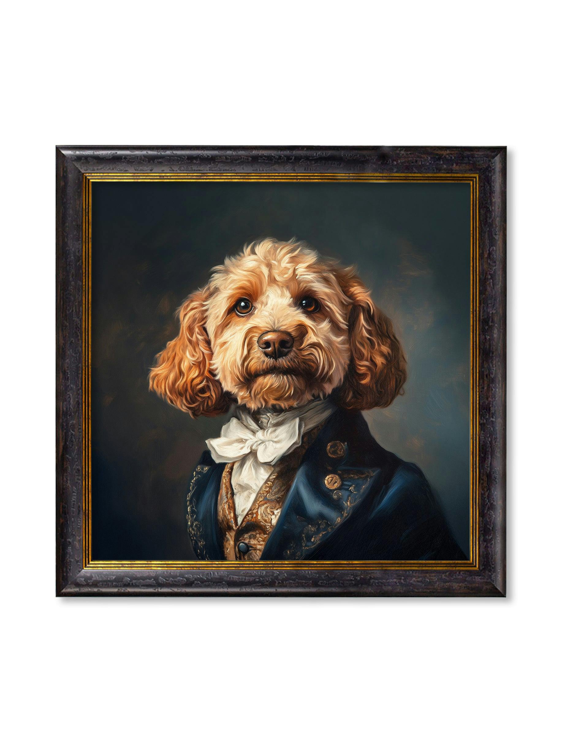 Rackhams Blue/Black/Gold Sir Barkington - Gentleman Cockapoo Oxford Square Frame - 96 X 96Cm