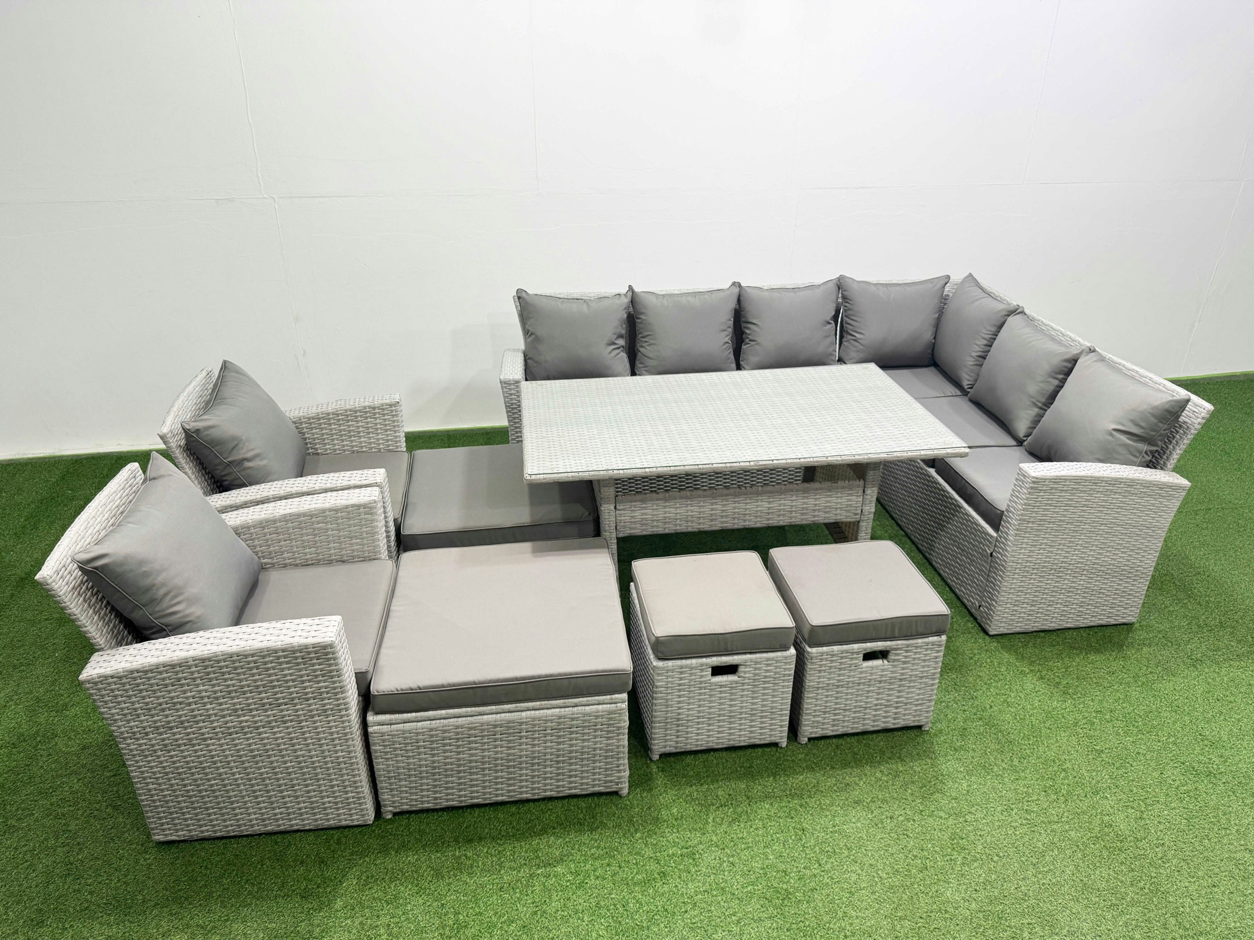 Fimous Light/Grey Rattan Garden Furniture Set Outdoor 12 Seater Patio Dining Corner Sofa Sets With Dining Table Chair 4 Footstools Mixed