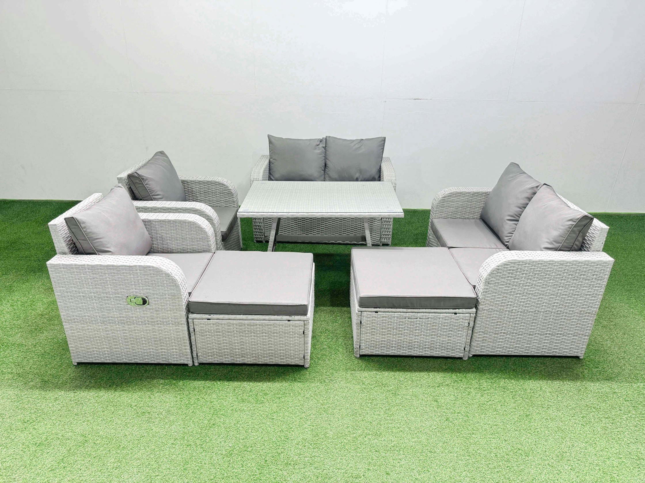 Fimous Light/Grey 8 Seater Rattan Garden Furniture Set Outdoor Love Sofa Set With Rectangular Dining Table 2 Big Footstools