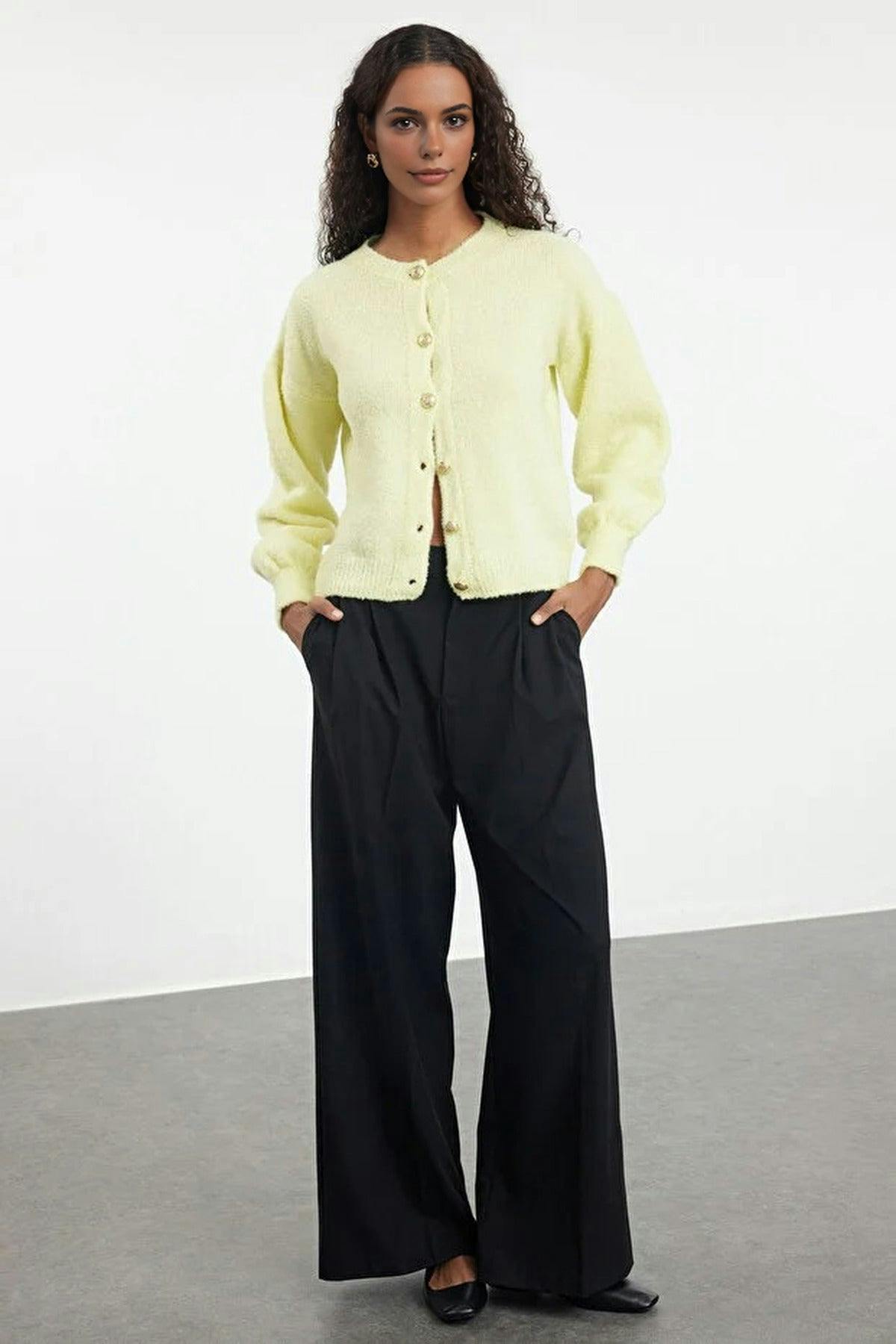 Wovcor Yellow Soft-Textured Knit Cardigan With Button Detail And Balloon Sleeves - Xs
