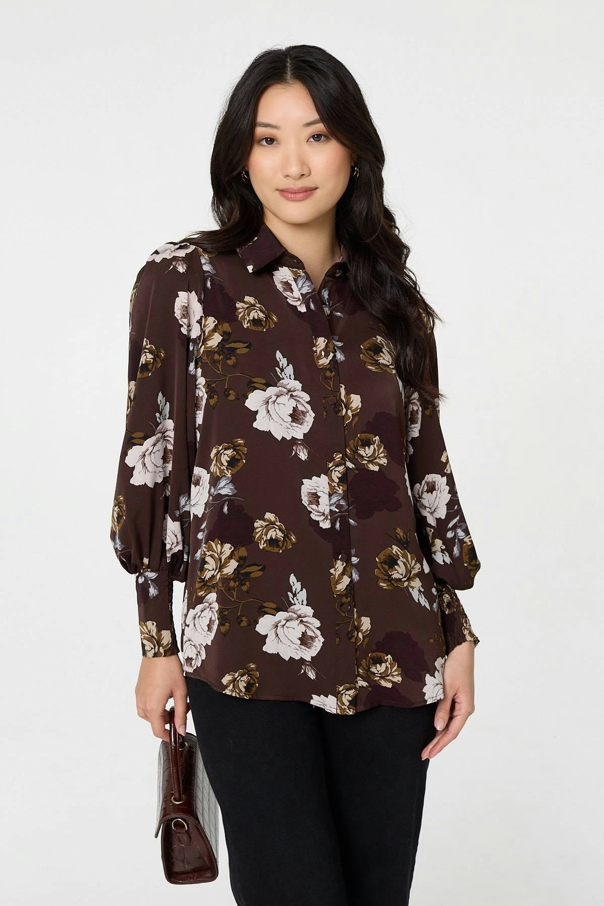 Izabel London Brown Floral Balloon Sleeve Semi Sheer Shirt - 12