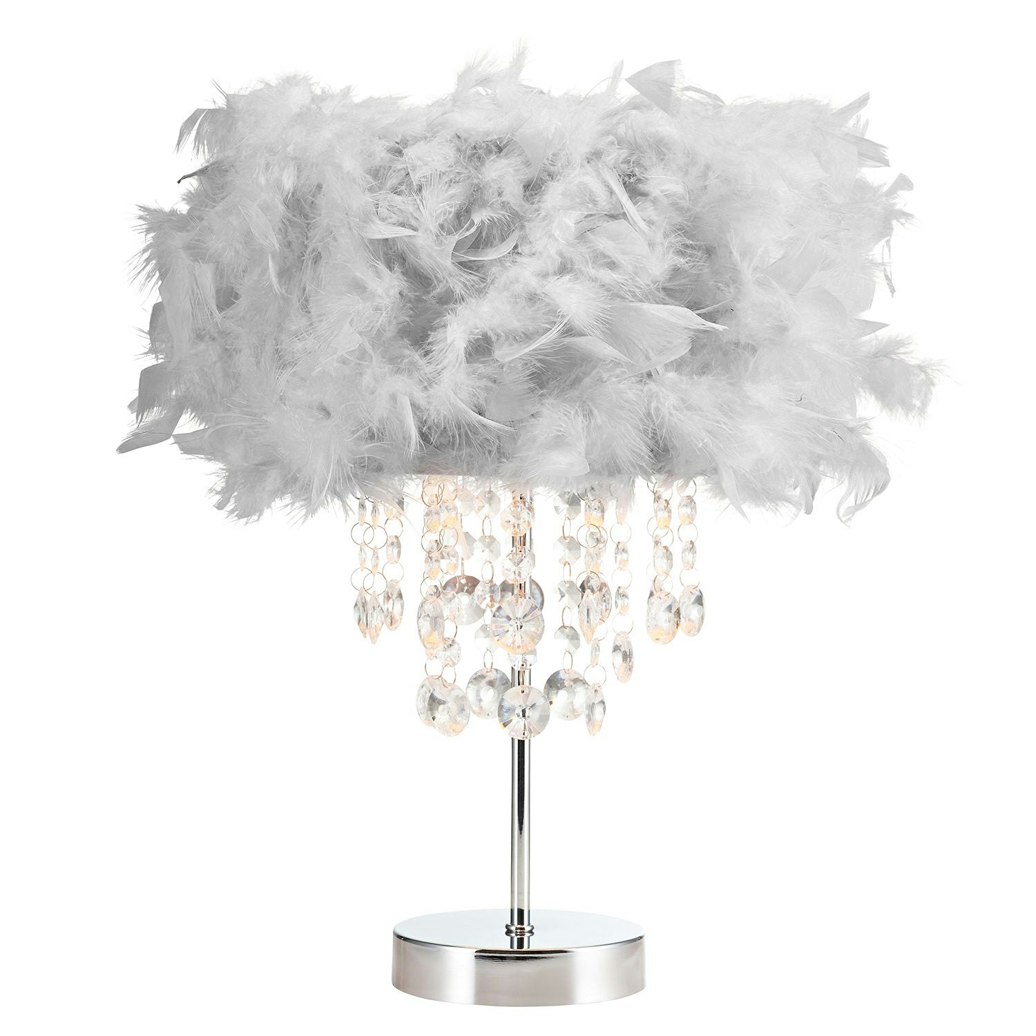 Happy Homewares Grey Chandelier Style Soft Feather Table Lamp With Waterfall Drops