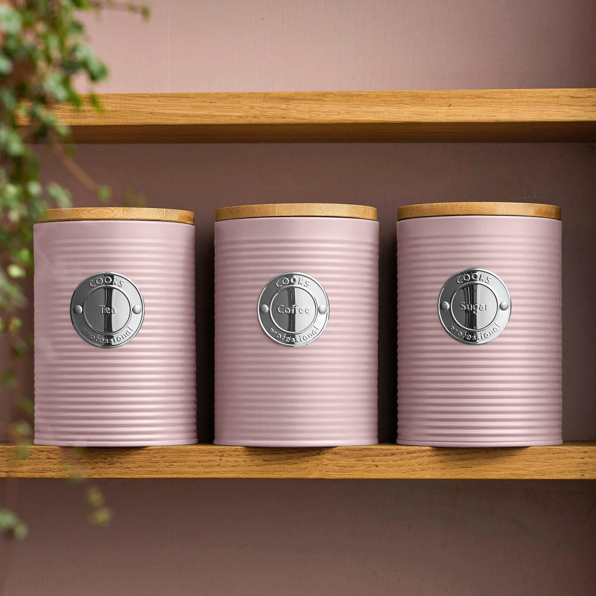 Cooks Professional Unisex Pink 3Pc Ribbed Tea Coffee & Sugar Storage Canisters With Silver Labels In - Image 3