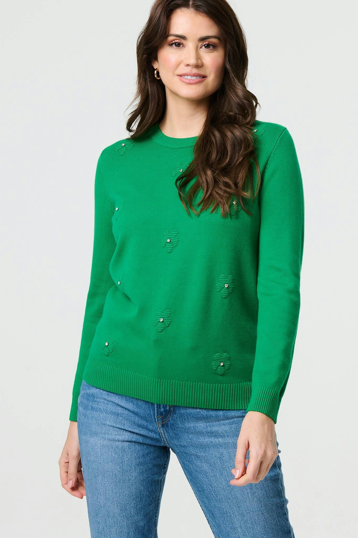 Izabel London Green Floral Gemstone Embellished Jumper - 10