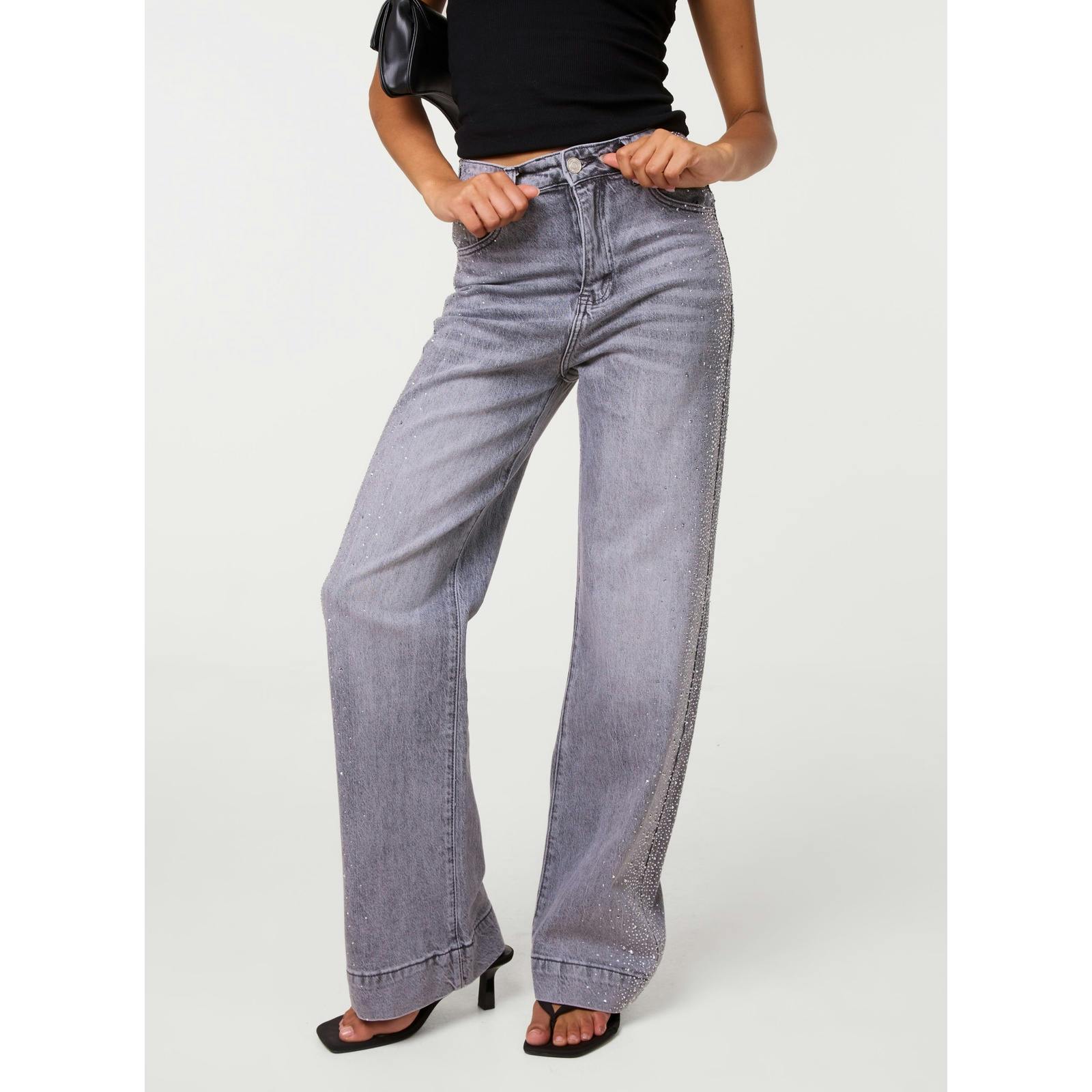 Pink Vanilla Pink/Light/Grey Vanilla Diamante Side Wide Leg Jeans - Uk 10