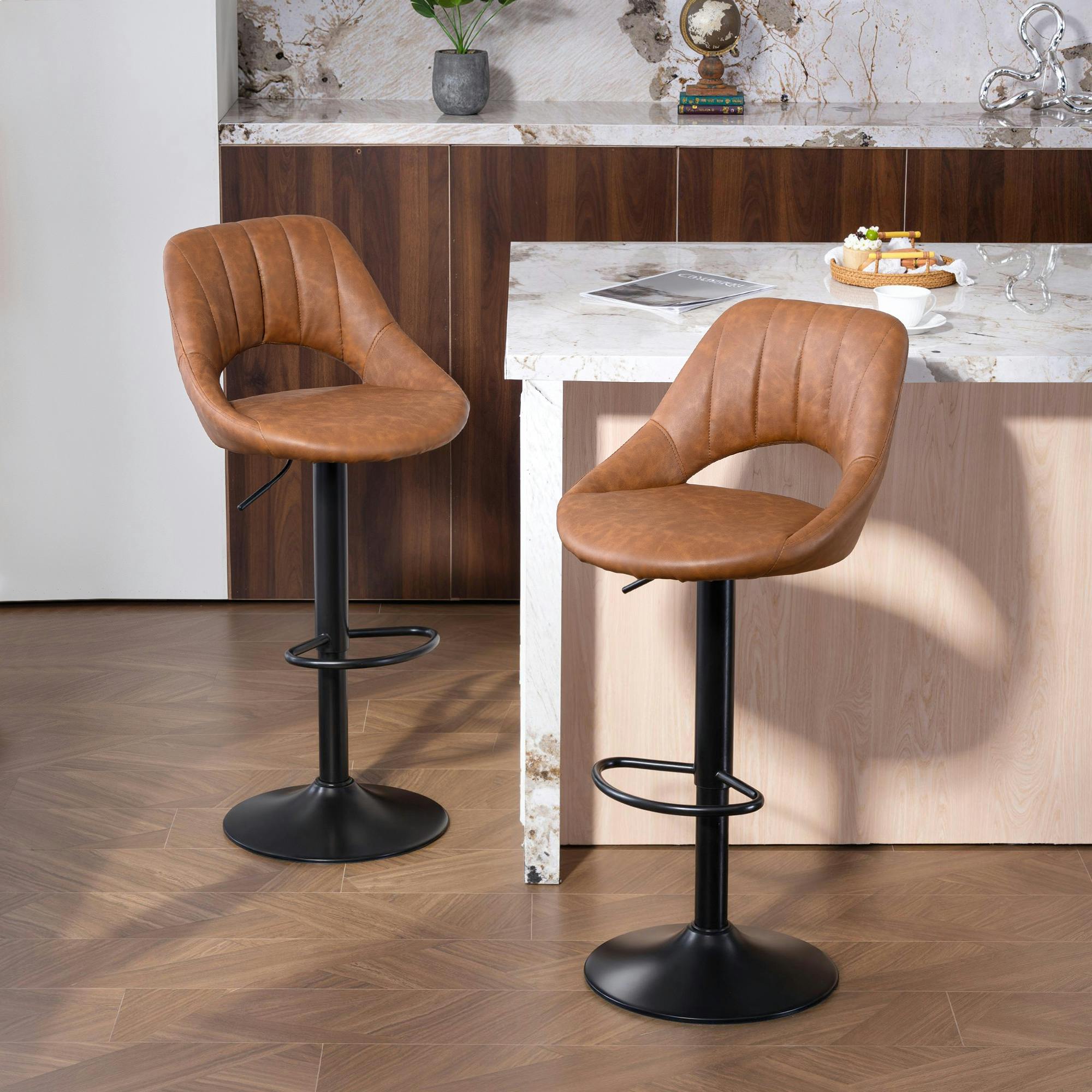 Rackhams Black/Brown Barstools Set Of 2, Dining Stools With Backrest And Footrest,