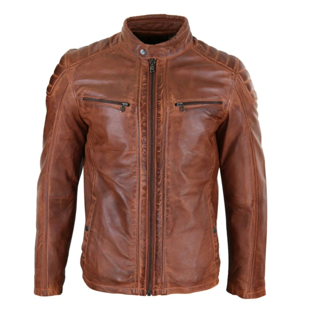 Infinity Leather Men's Leather Company Leather Jacket Biker Zipped Tailored Fit - Tan - 5XL