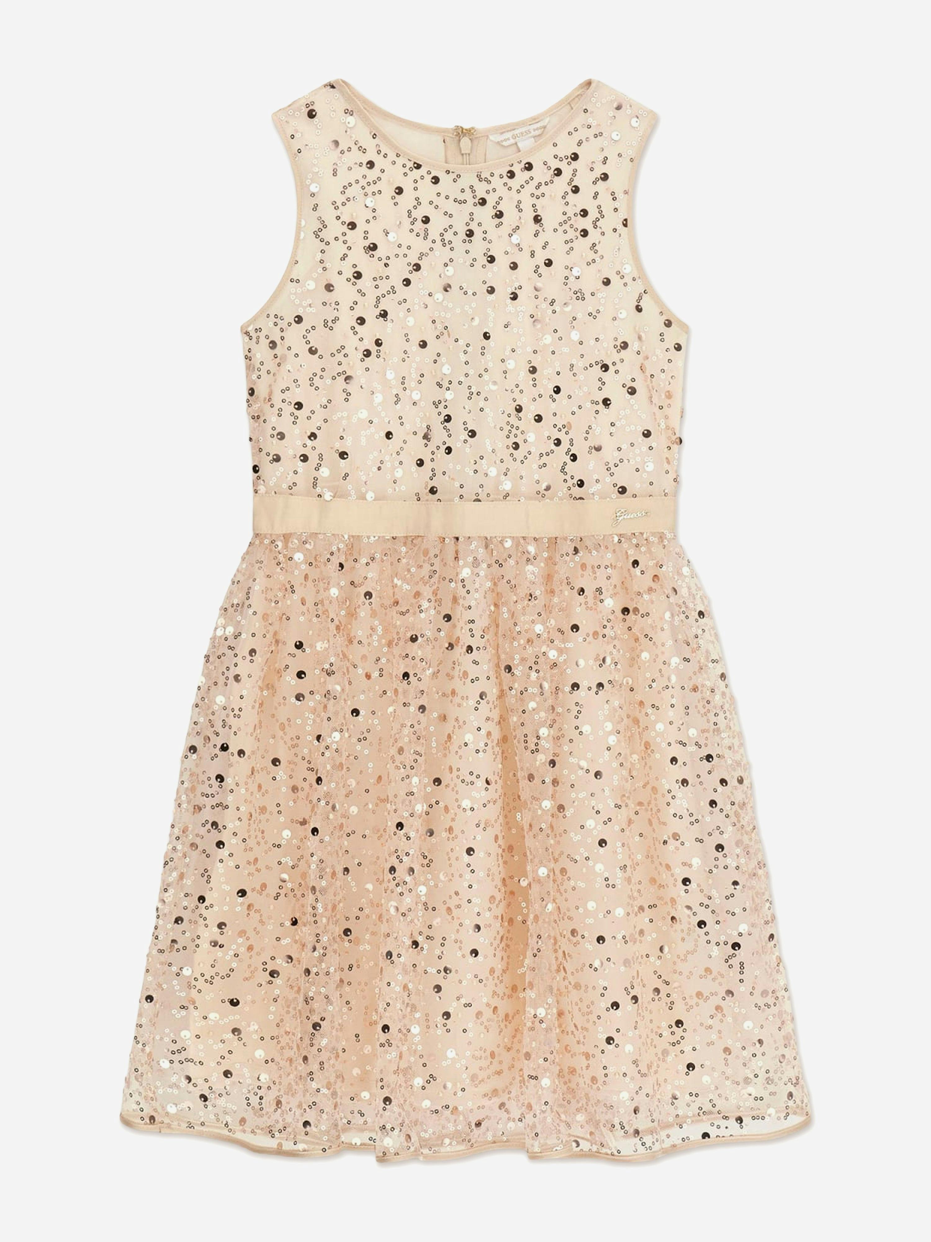 Guess Girls Beige Sleeveless Sequin Dress In - 12 Yrs