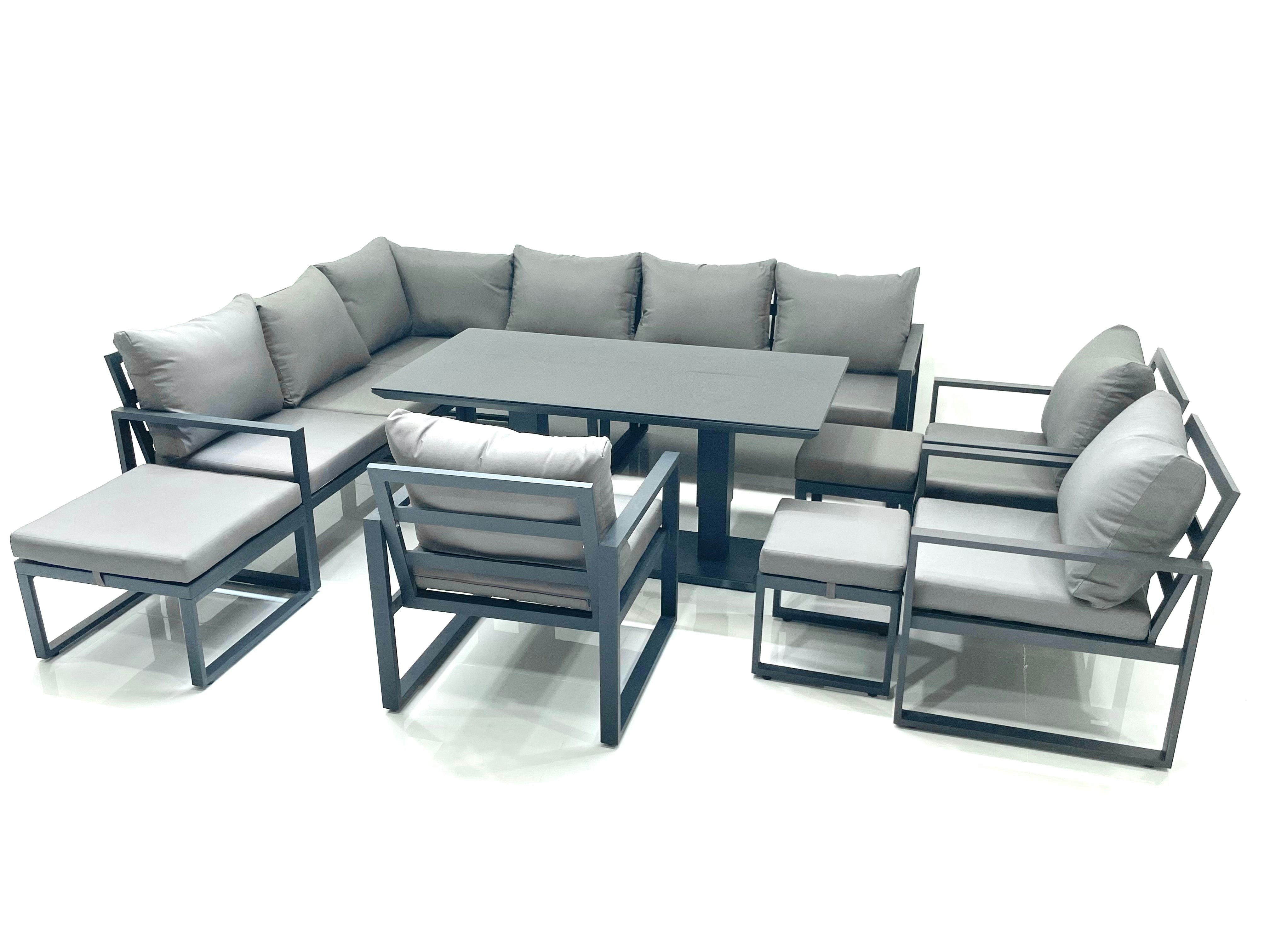 Rackhams Dark/Grey Aluminium Outdoor Garden Furniture Set Corner Sofa 3 Chair 3 Footstools Adjustable Rising Lifting Dining Table Sets