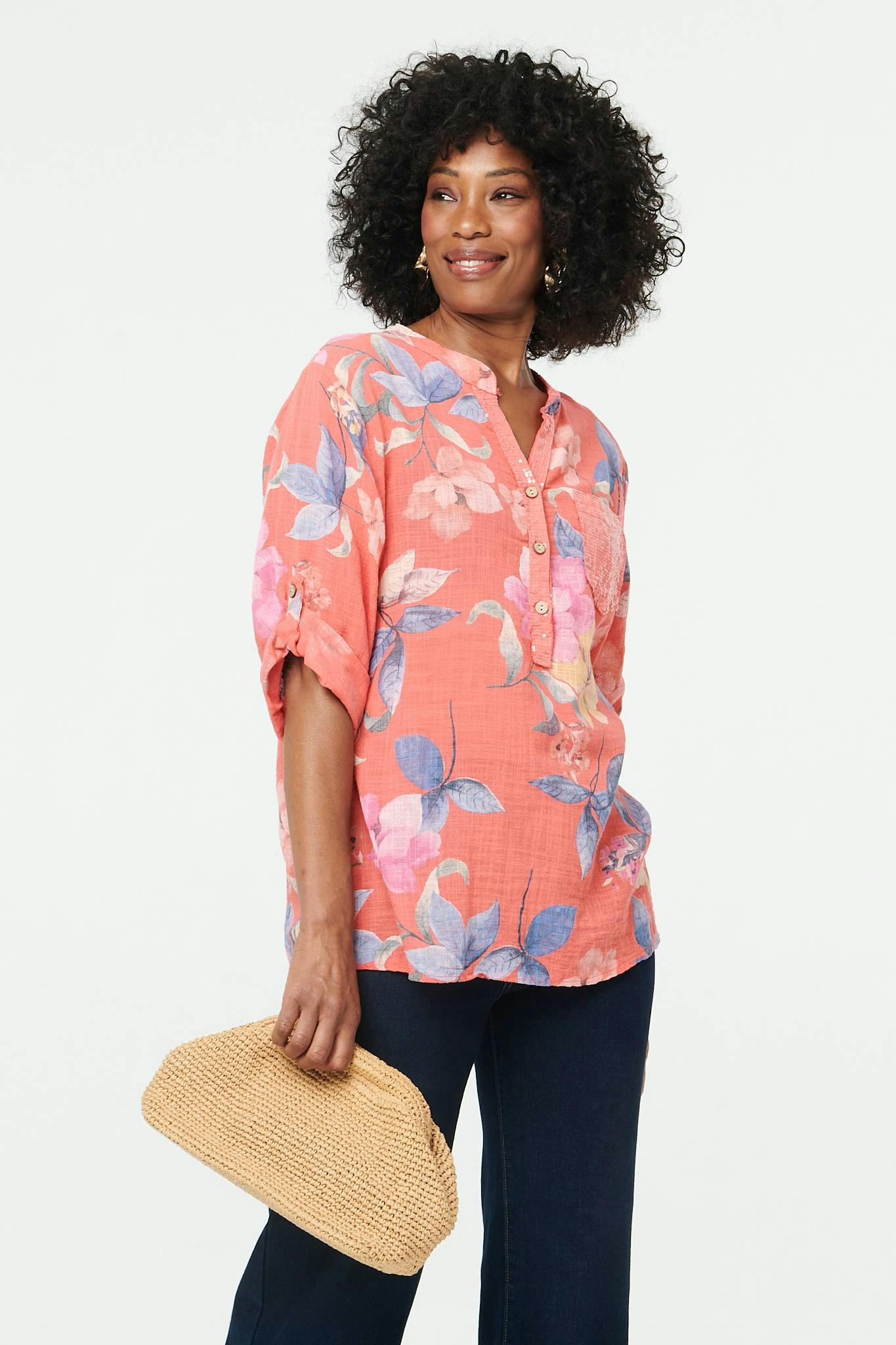 Izabel London Pink Floral Curve Hem Turn-Up Sleeve Blouse - 14