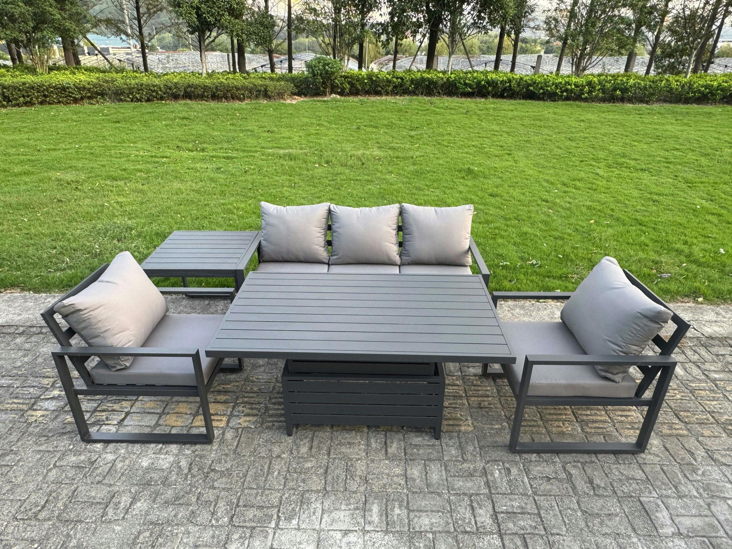 Rackhams Dark/Grey 5-Piece Aluminium Garden Furniture Sets 5 Seater Outdoor Sofa Set With Adjustable Rising Lifting Dining Table 2 Chairs Side Table