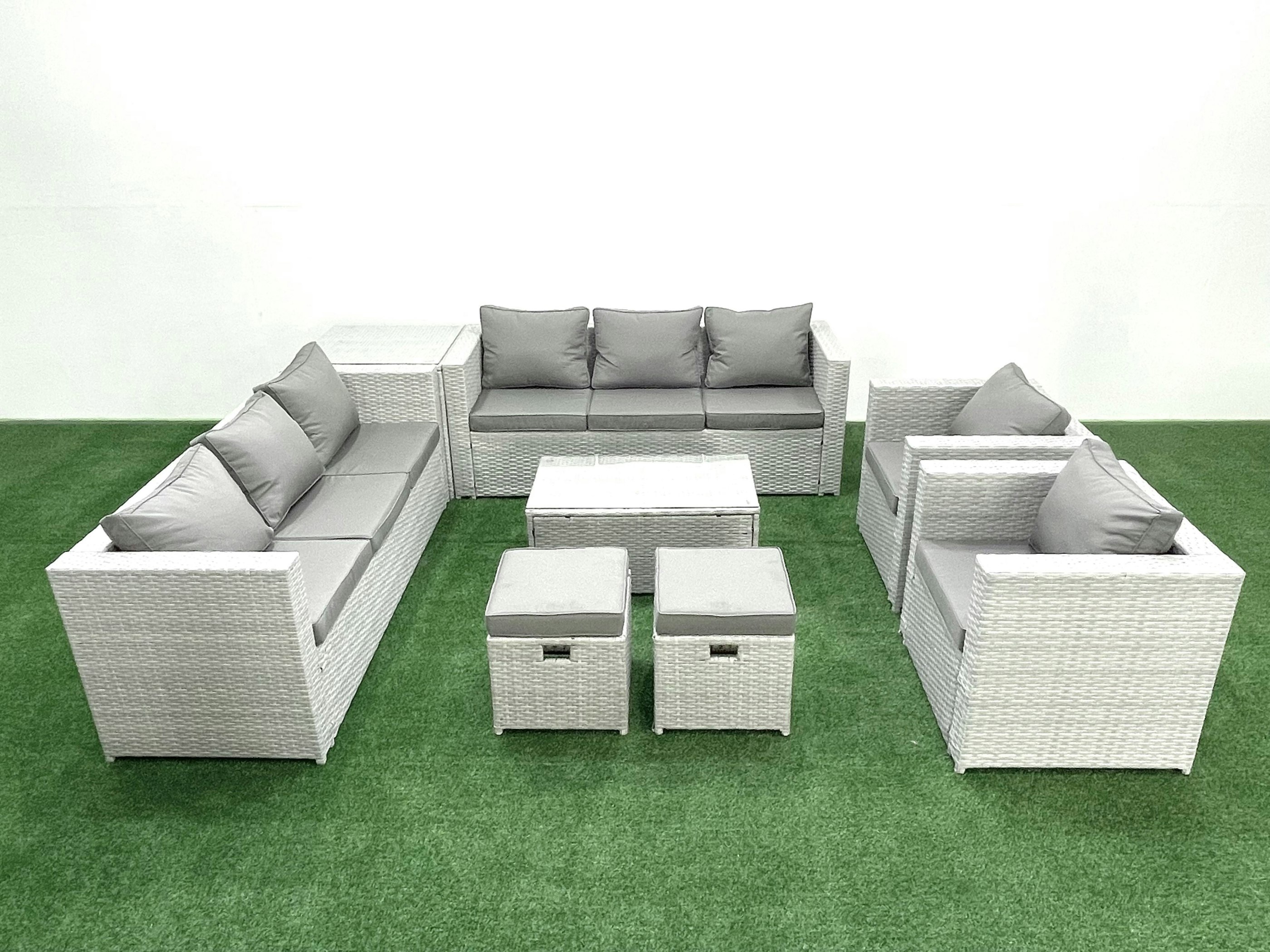 Fimous Light/Grey Outdoor Rattan Sofa Garden Furniture Set With 2 Armchairs Oblong Coffee Table 2 Small Footstools Side Table Mixed