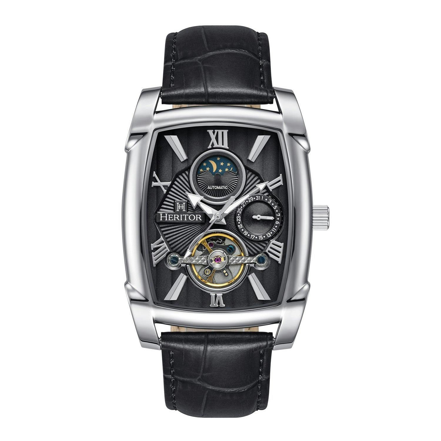 Heritor Automatic Silver/Black Valentin Leather-Band Watch W/Date
