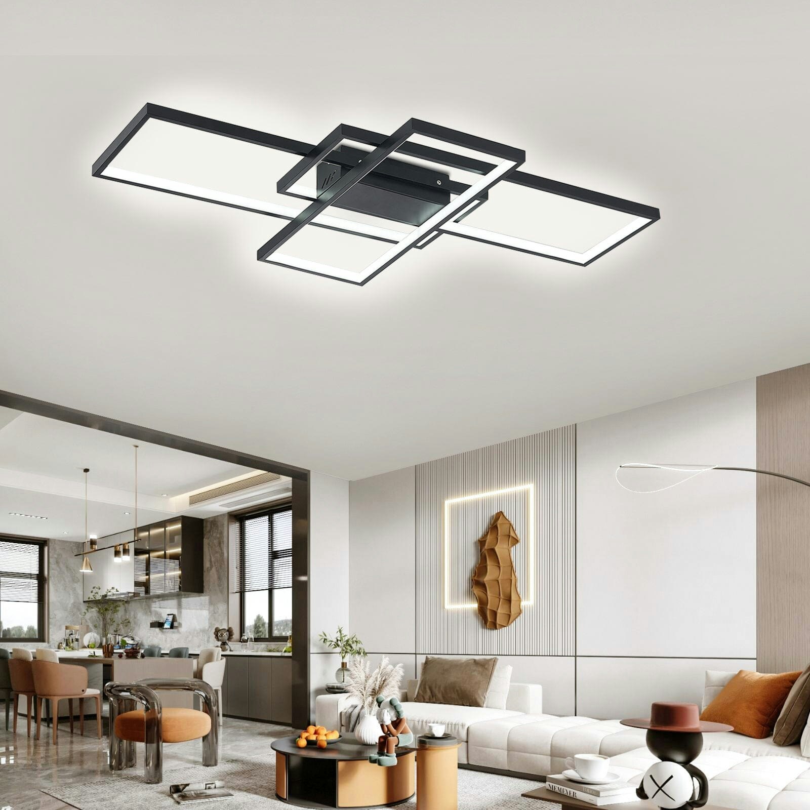 Rackhams Light/Black/White Modern Led Ceiling With 3 Rectangle Lampshades - 110 Cm - Non-Dimmable Without Remote