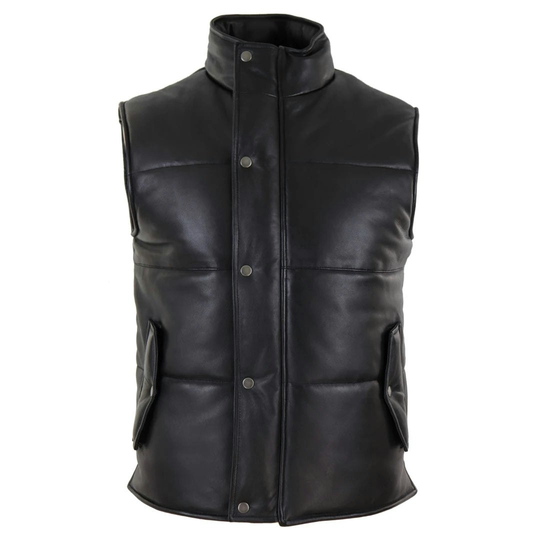 Infinity Leather Men's Black Leather Company Leather Waistcoat Gilet Quilted Puffer Warm Zip - 5XL