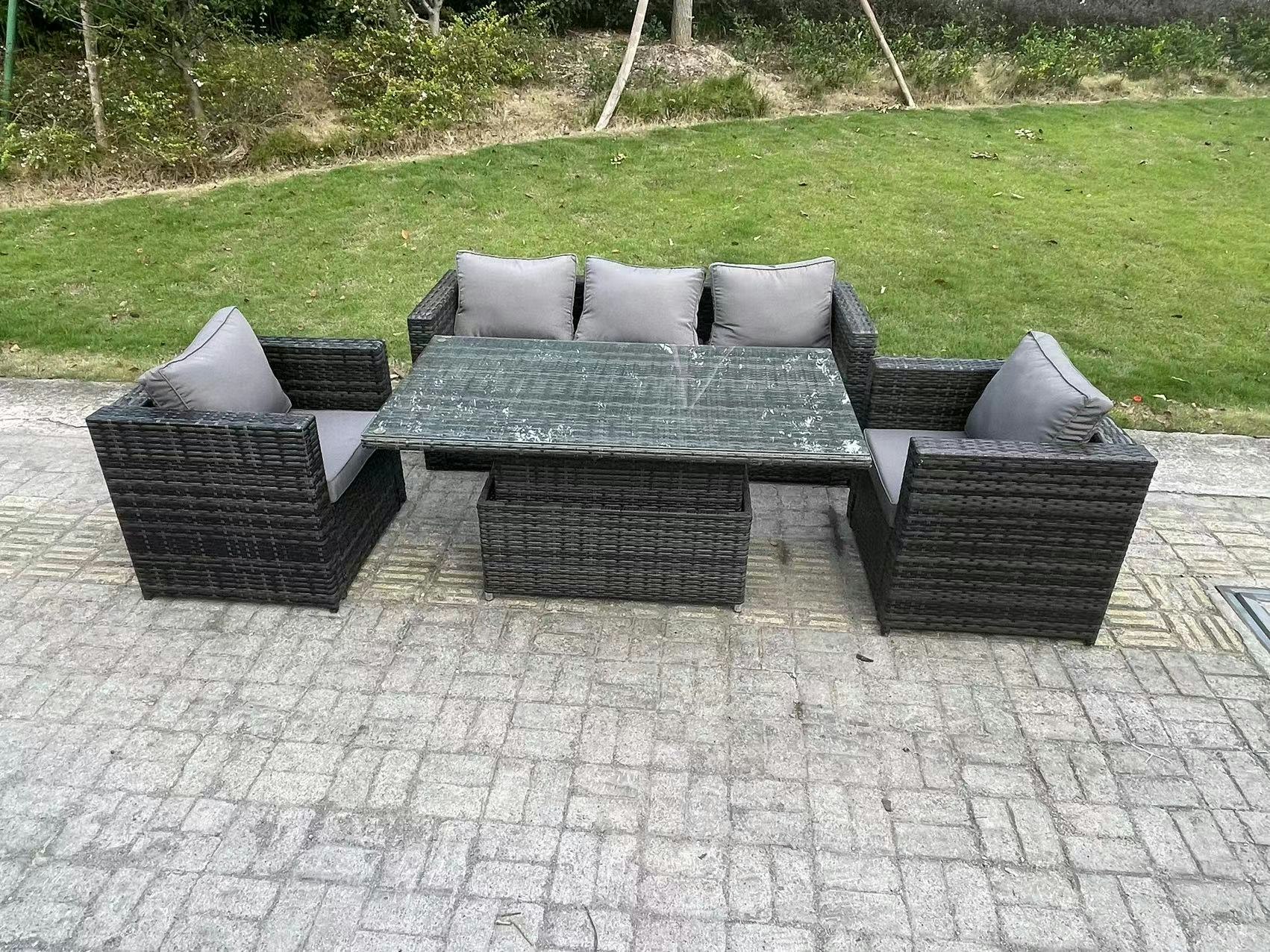 Fimous Dark/Grey 5 Seater Wicker Rattan Garden Furniture Rising Table Sets Mix