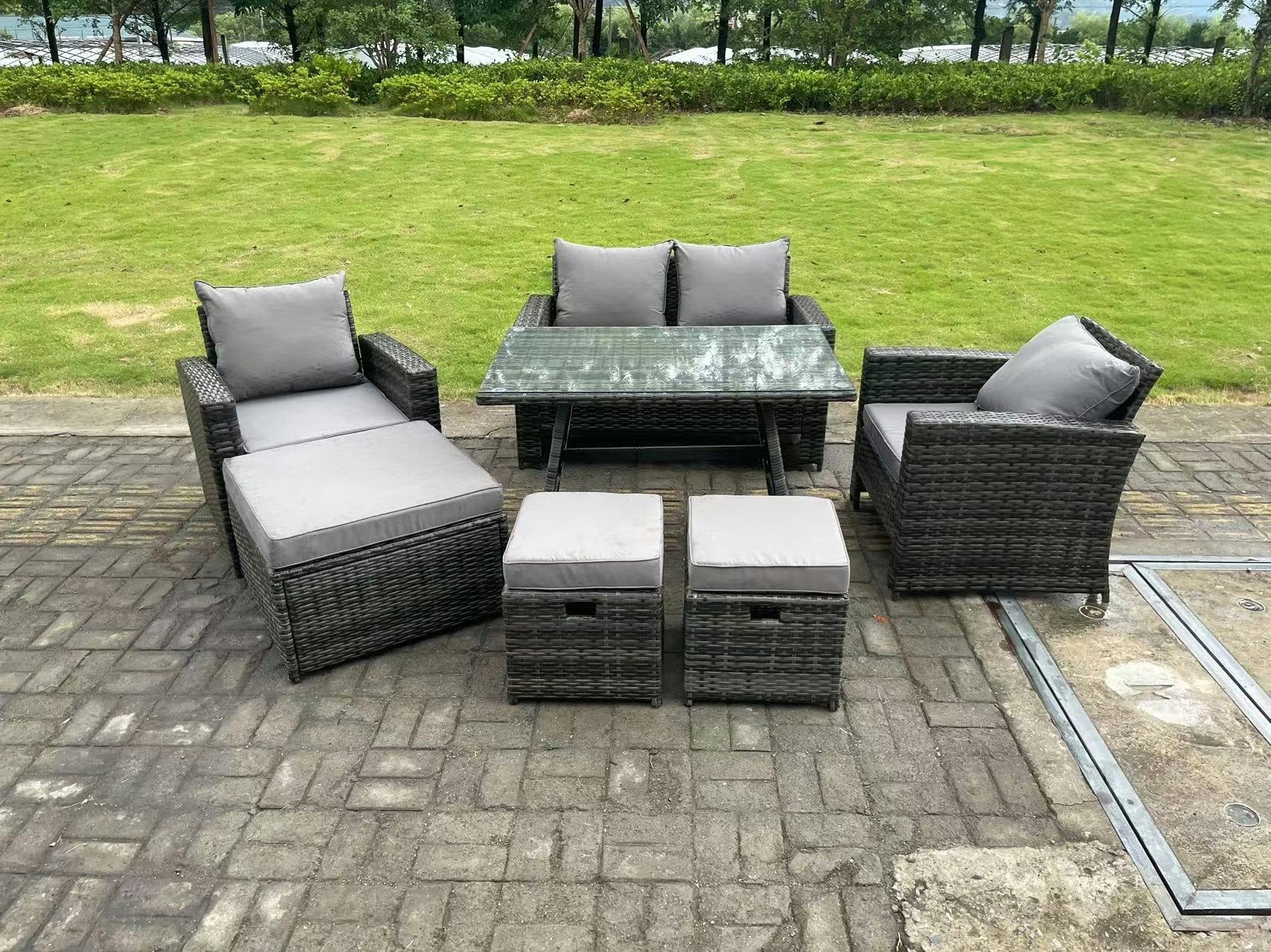 Rackhams Dark/Grey 7 Seater Mixed High Back Rattan Sofa Set Dining Table Garden Furniture Outdoor