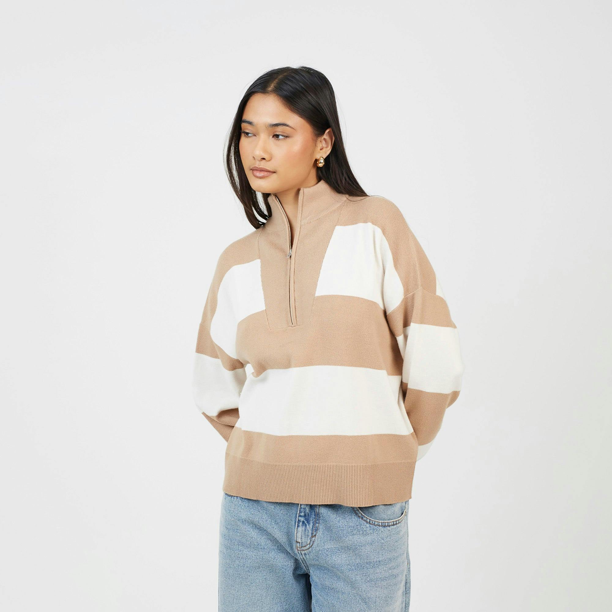 Brave Soul Striped Half Zip Knitted Jumper - Camel - Camel - S