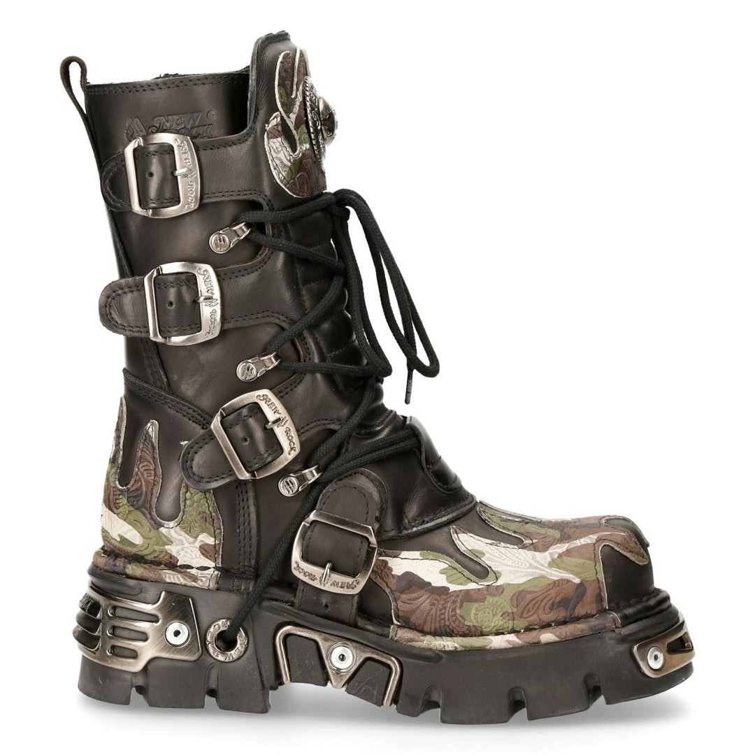 New Rock Black 591 S15 Camouflage Flame Metallic Leather Biker Goth Boot - Eu 41