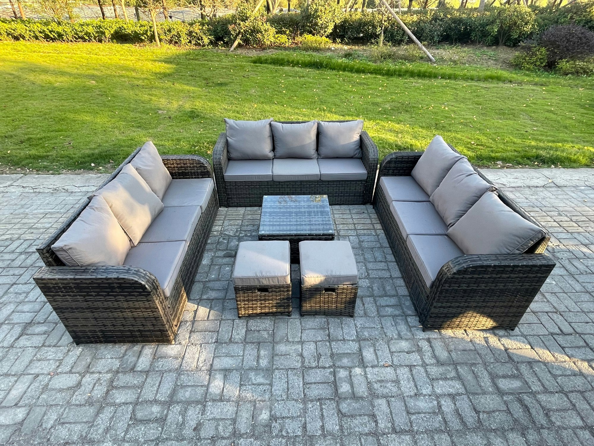 Rackhams Dark/Grey 11 Seater Rattan Outdoor Furniture Set Patio Garden Sofa Set With Square Coffee Table 3 Seater Sofa Mixed