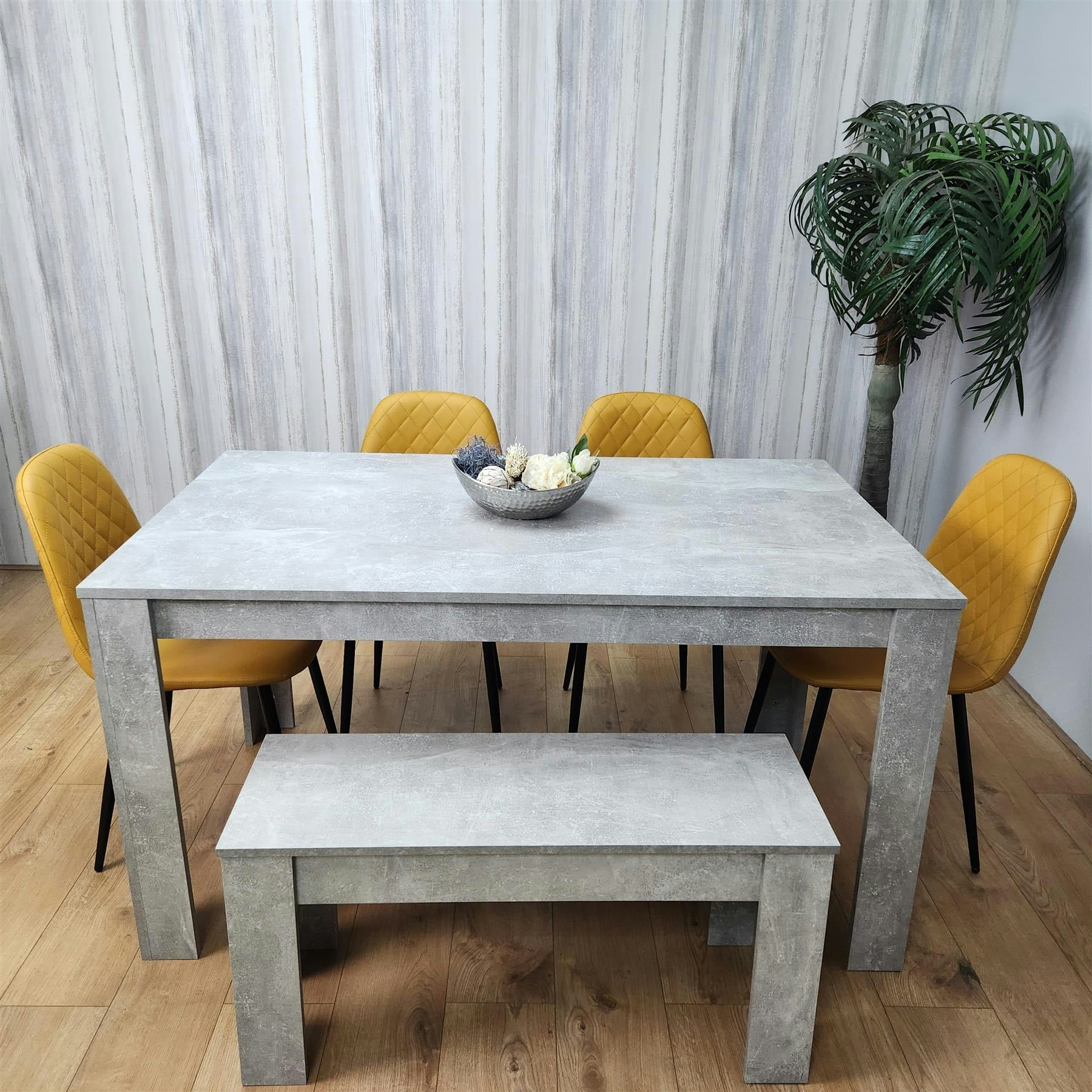 Kosy Koala Grey Wooden Rectangle Dining Table Sets With Set Of 4 Chairs, And Mustard